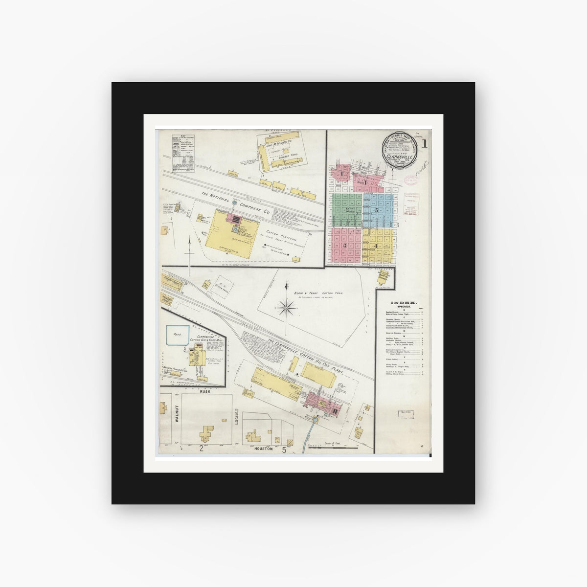 Old map wall art mockup — black gallery frame with white mat — Sanborn Fire Insurance Map from Clarksville, Red River County, Texas (1896) - Complete Map Set