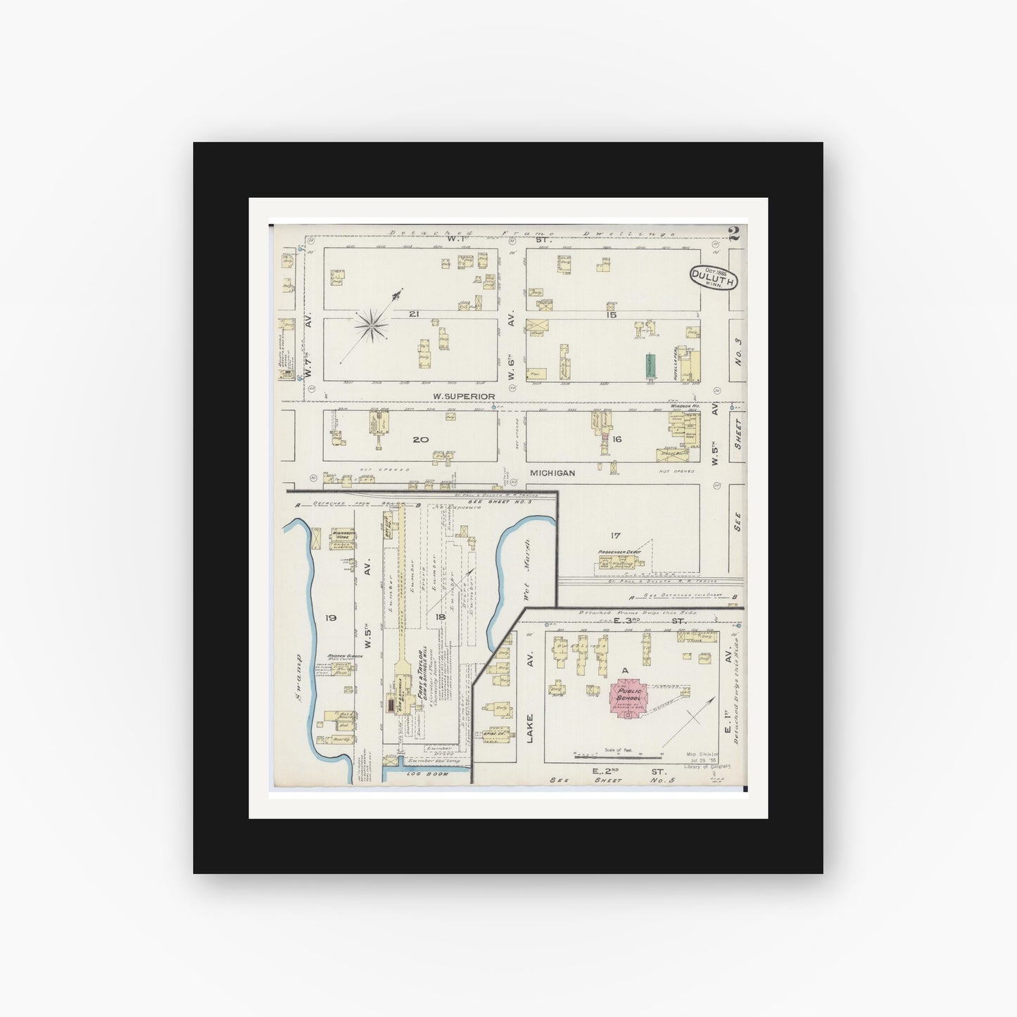 Old map wall art mockup — black gallery frame with white mat — Sanborn Fire Insurance Map from Duluth, Saint Louis County, Minnesota (1885), Sheet #0002