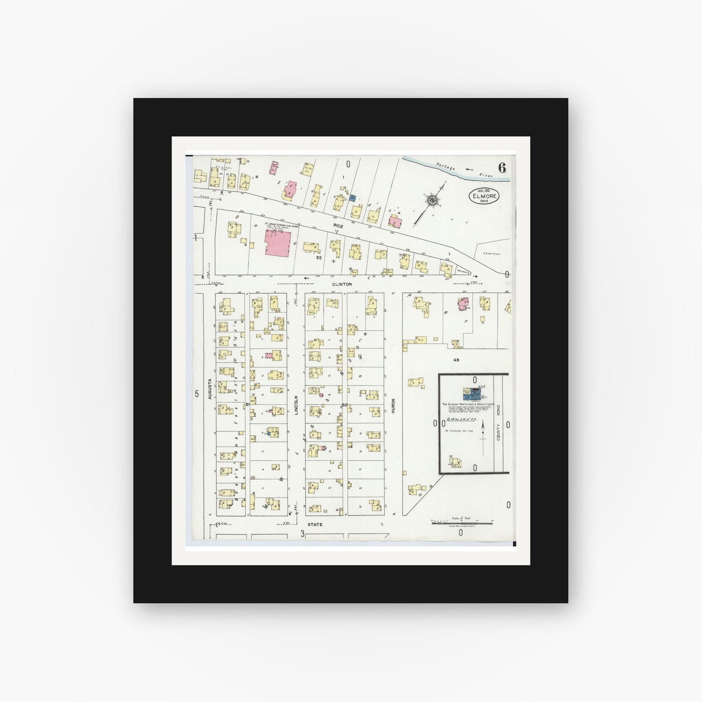 Old map wall art mockup — black gallery frame with white mat — Sanborn Fire Insurance Map from Elmore, Ottawa County, Ohio (1920), Sheet #0006