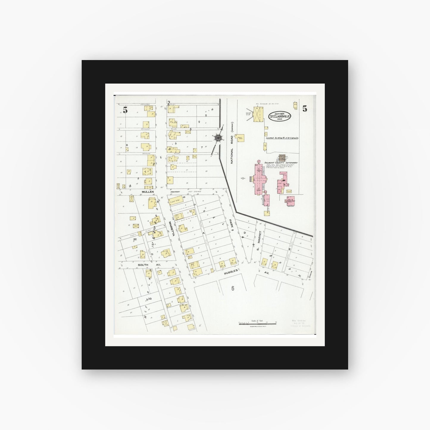 Old map wall art mockup — black gallery frame with white mat — Sanborn Fire Insurance Map from Saint Clairsville, Belmont County, Ohio (1924), Sheet #0005