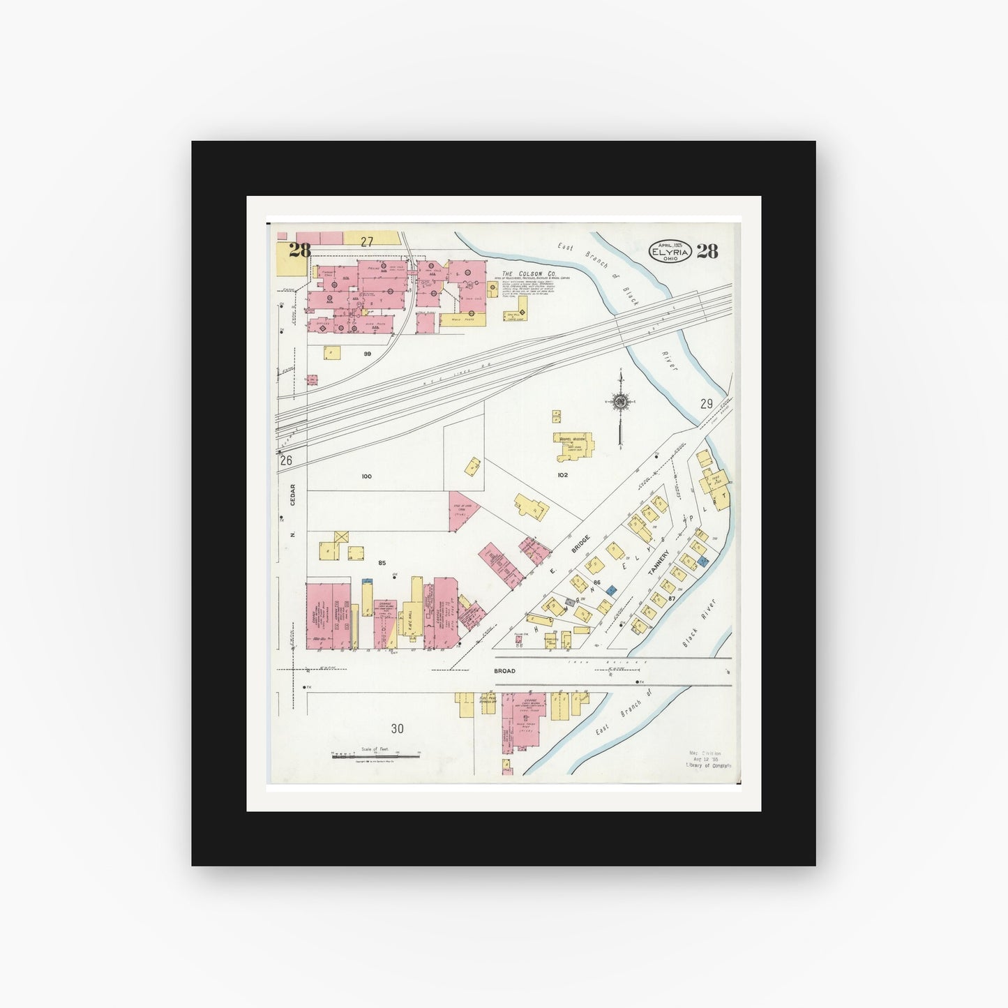 Old map wall art mockup — black gallery frame with white mat — Sanborn Fire Insurance Map from Elyria, Lorain County, Ohio (1925), Sheet #0028
