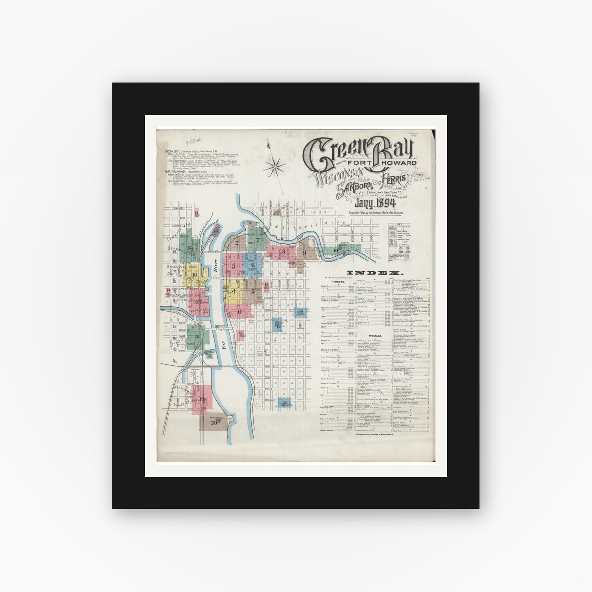 Old map wall art mockup β black gallery frame with white mat β Sanborn Fire Insurance Map from Green Bay, Brown County, Wisconsin (1894), Sheet #0001