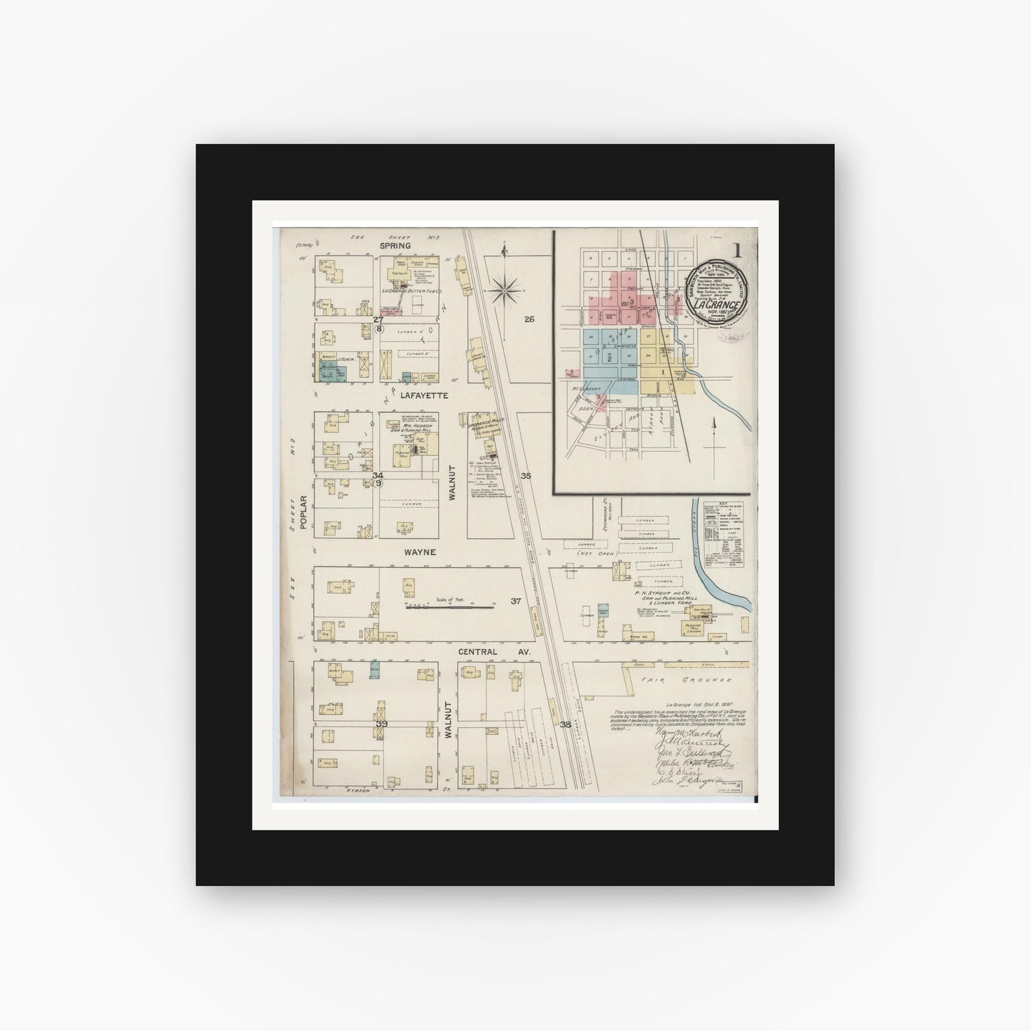 Old map wall art mockup — black gallery frame with white mat — Sanborn Fire Insurance Map from Lagrange, LaGrange County, Indiana (1887), Sheet #0001