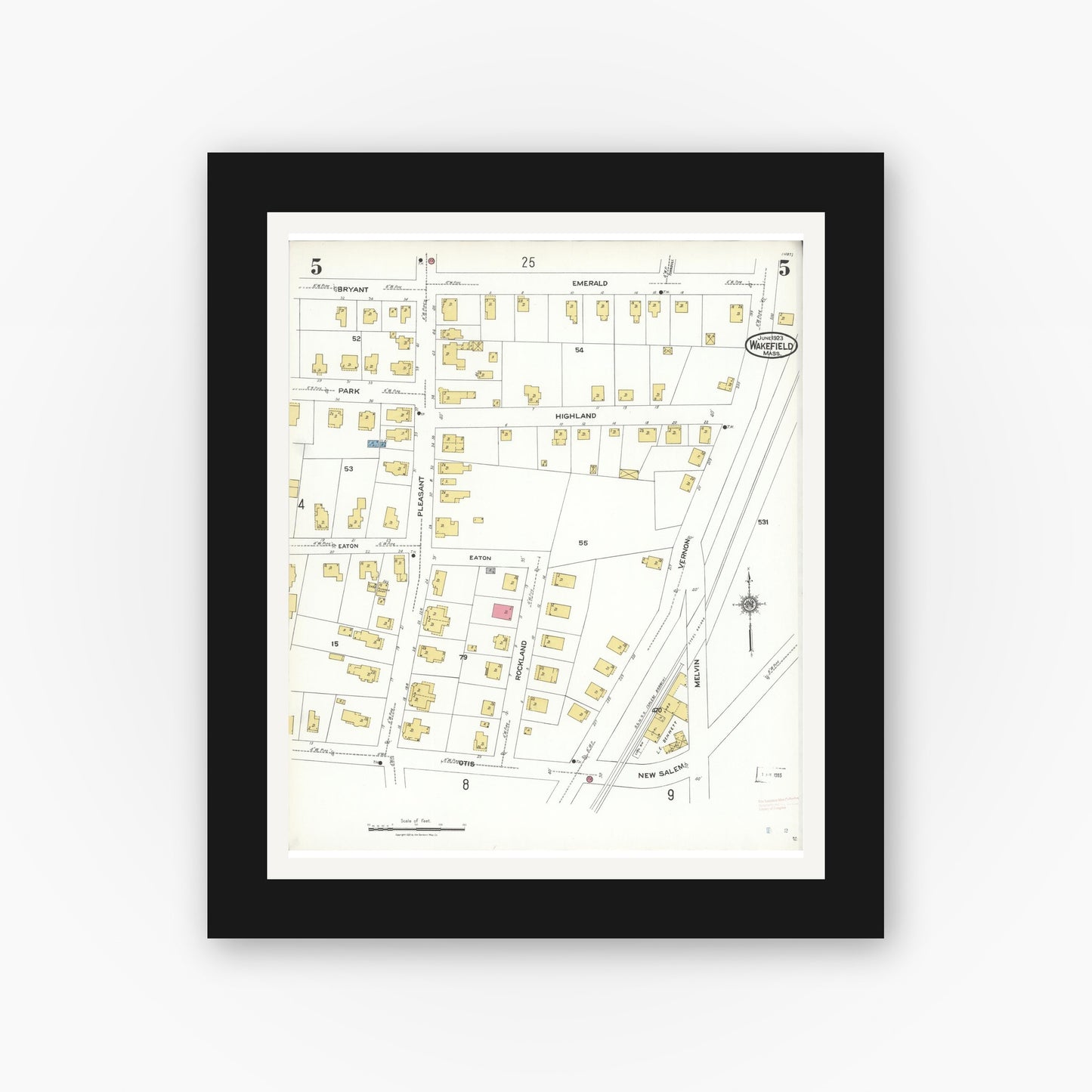 Old map wall art mockup — black gallery frame with white mat — Sanborn Fire Insurance Map from Wakefield, Middlesex County, Massachusetts (1923), Sheet #0005