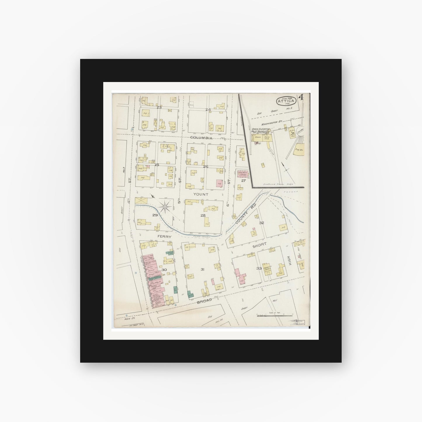 Old map wall art mockup — black gallery frame with white mat — Sanborn Fire Insurance Map from Attica, Fountain County, Indiana (1886), Sheet #0004