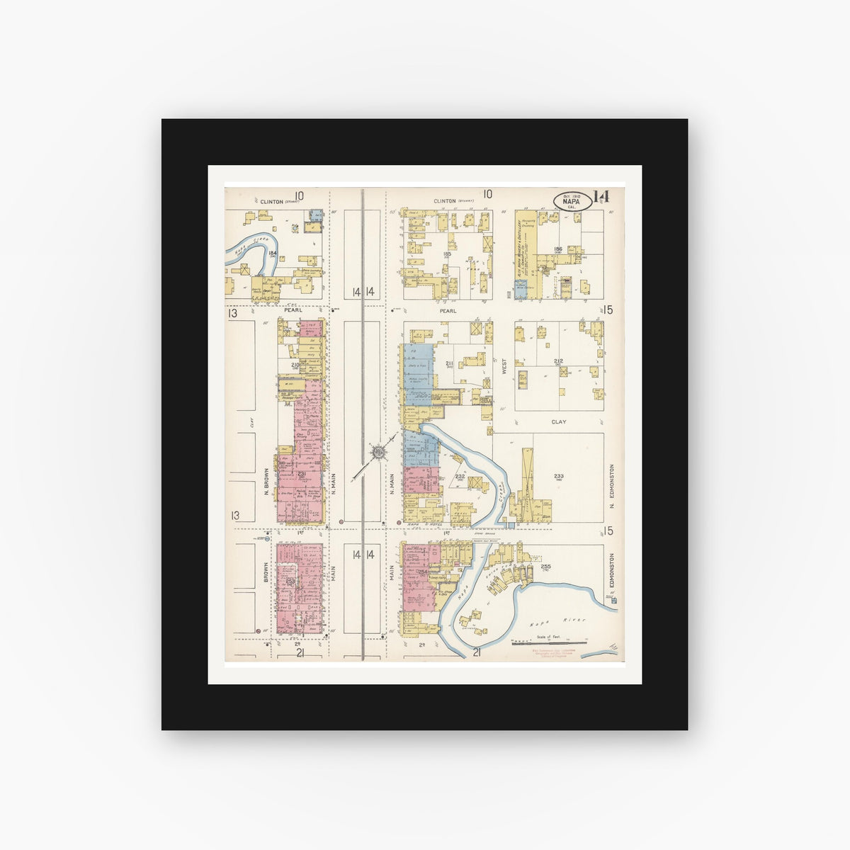 Old map wall art mockup — black gallery frame with white mat — Sanborn Fire Insurance Map from Napa, Napa County, California (1910), Sheet #0014
