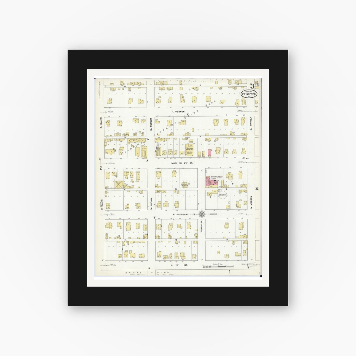 Old map wall art mockup — black gallery frame with white mat — Sanborn Fire Insurance Map from Princeton, Bureau County, Illinois (1911), Sheet #0003