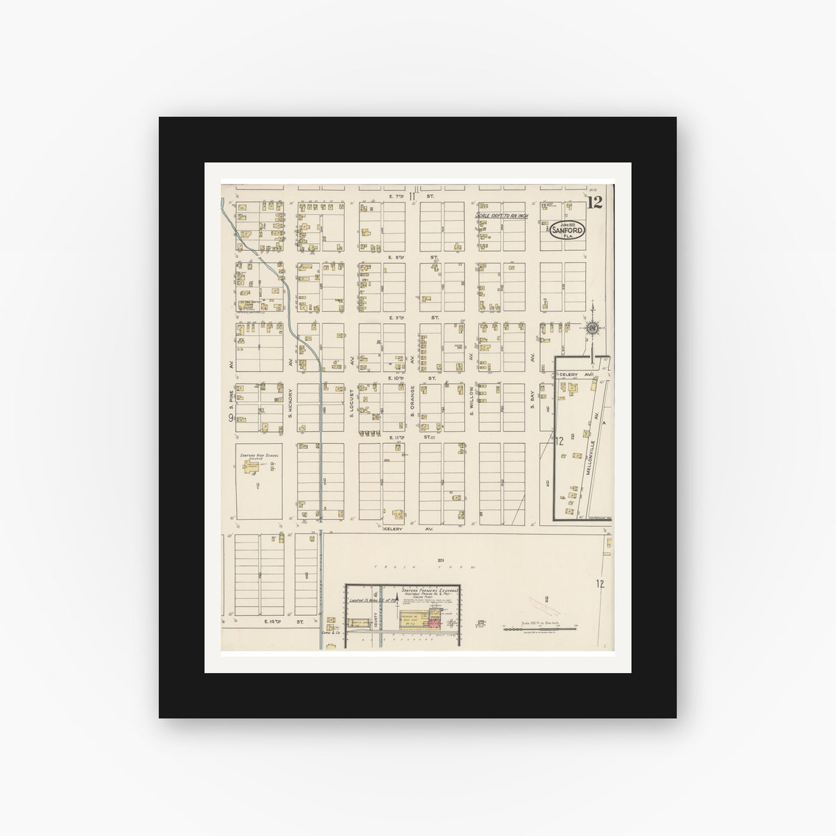 Old map wall art mockup — black gallery frame with white mat — Sanborn Fire Insurance Map from Sanford, Seminole County, Florida (1922), Sheet #0012