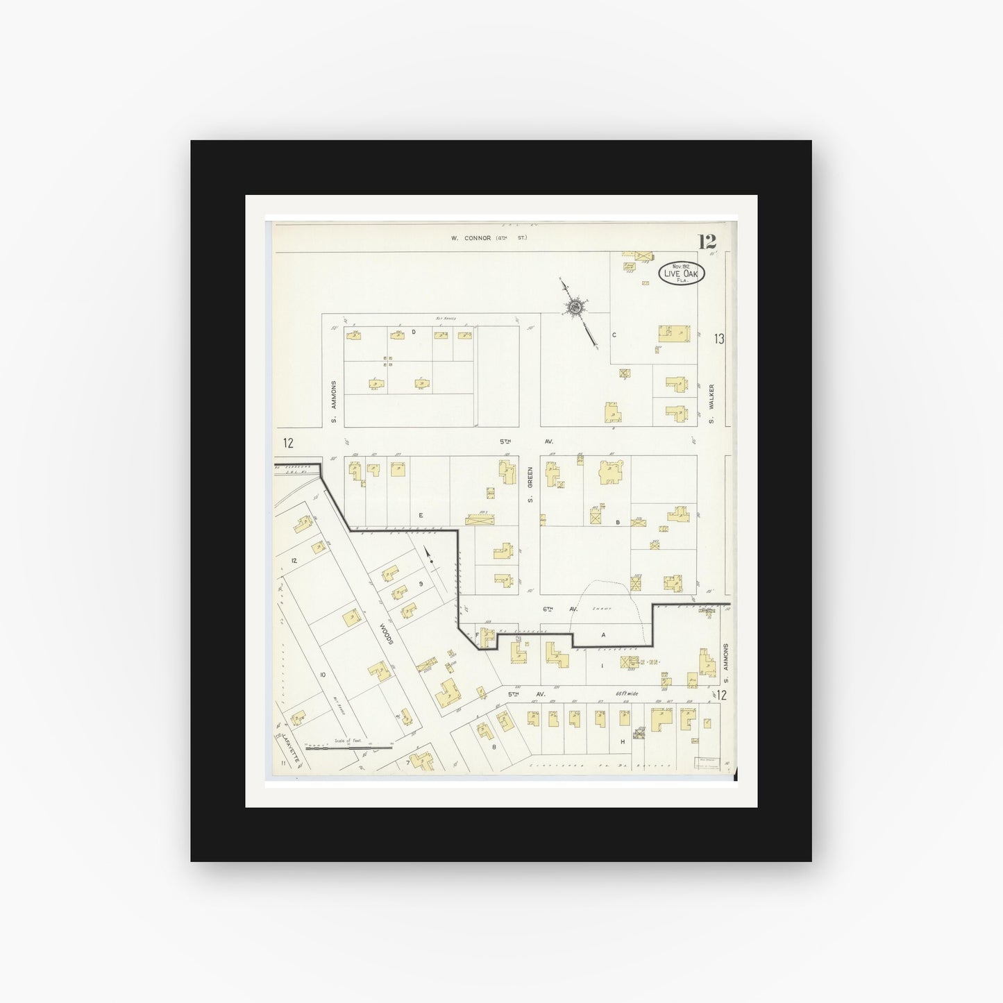 Old map wall art mockup — black gallery frame with white mat — Sanborn Fire Insurance Map from Live Oak, Suwanee County, Florida (1912), Sheet #0012
