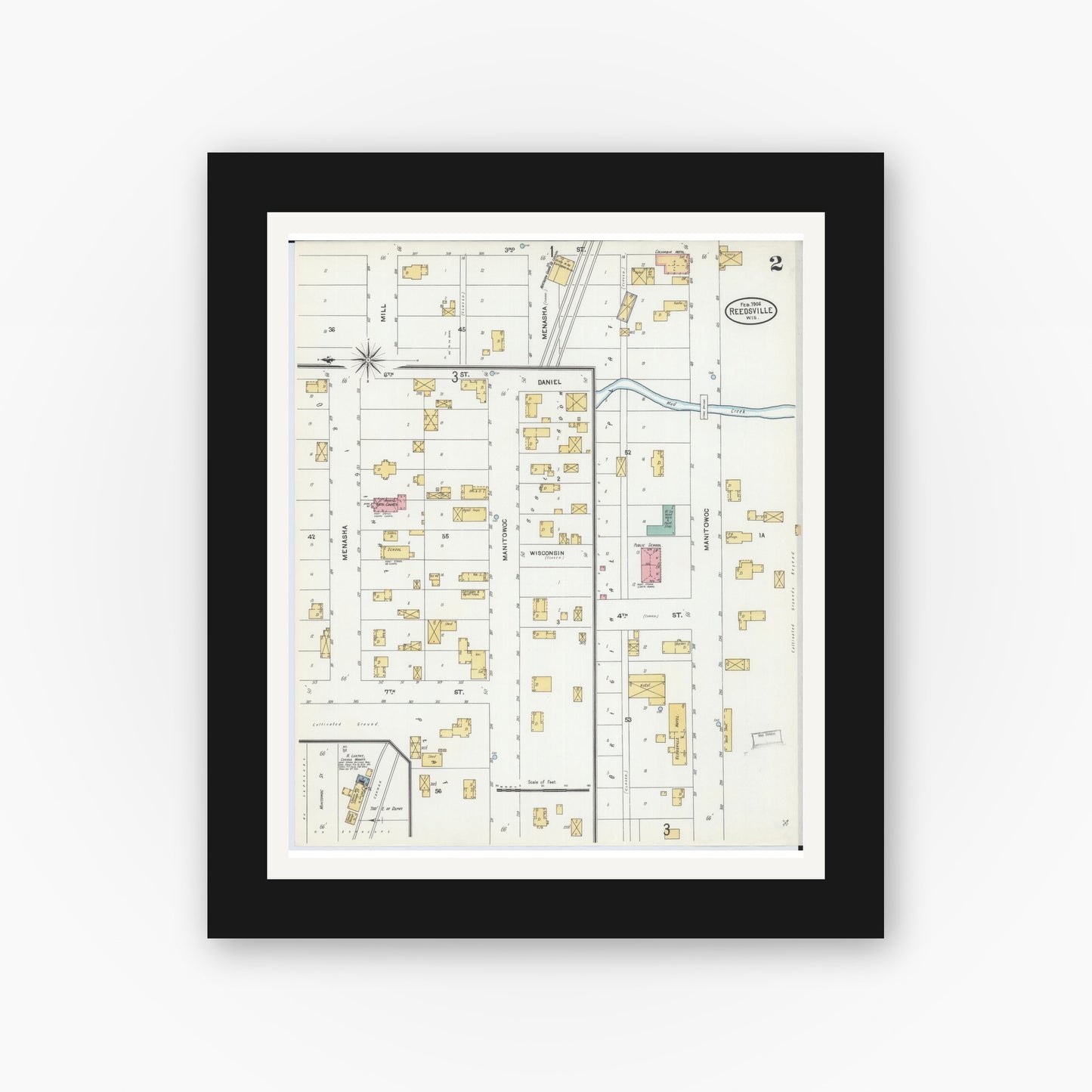 Old map wall art mockup — black gallery frame with white mat — Sanborn Fire Insurance Map from Reedsville, Manitowoc County, Wisconsin (1906), Sheet #0002