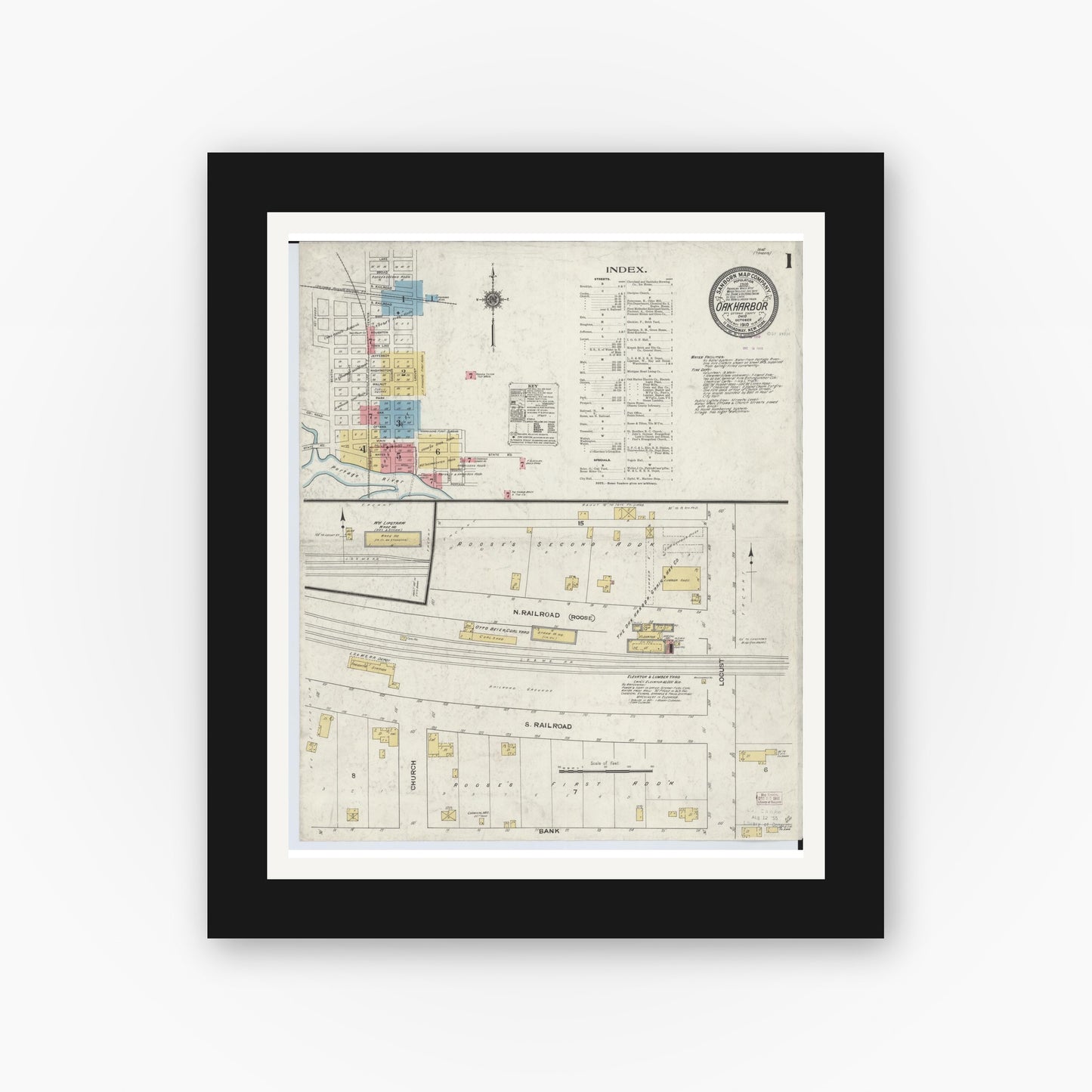 Old map wall art mockup — black gallery frame with white mat — Sanborn Fire Insurance Map from Oak Harbor, Ottawa County, Ohio (1910), Sheet #0001