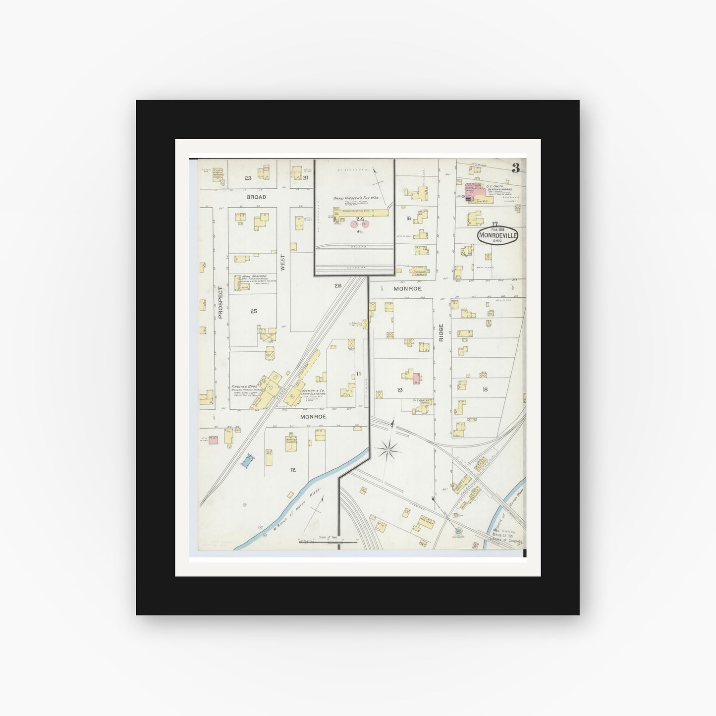 Old map wall art mockup — black gallery frame with white mat — Sanborn Fire Insurance Map from Monroeville, Huron County, Ohio (1893), Sheet #0003
