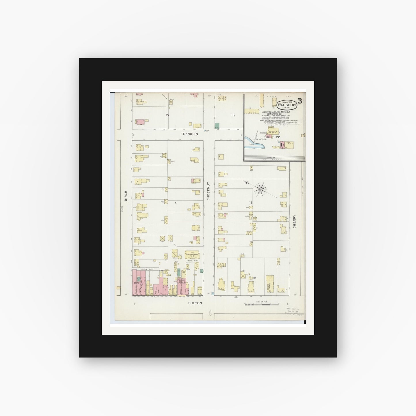 Old map wall art mockup — black gallery frame with white mat — Sanborn Fire Insurance Map from Wauseon, Fulton County, Ohio (1893), Sheet #0005
