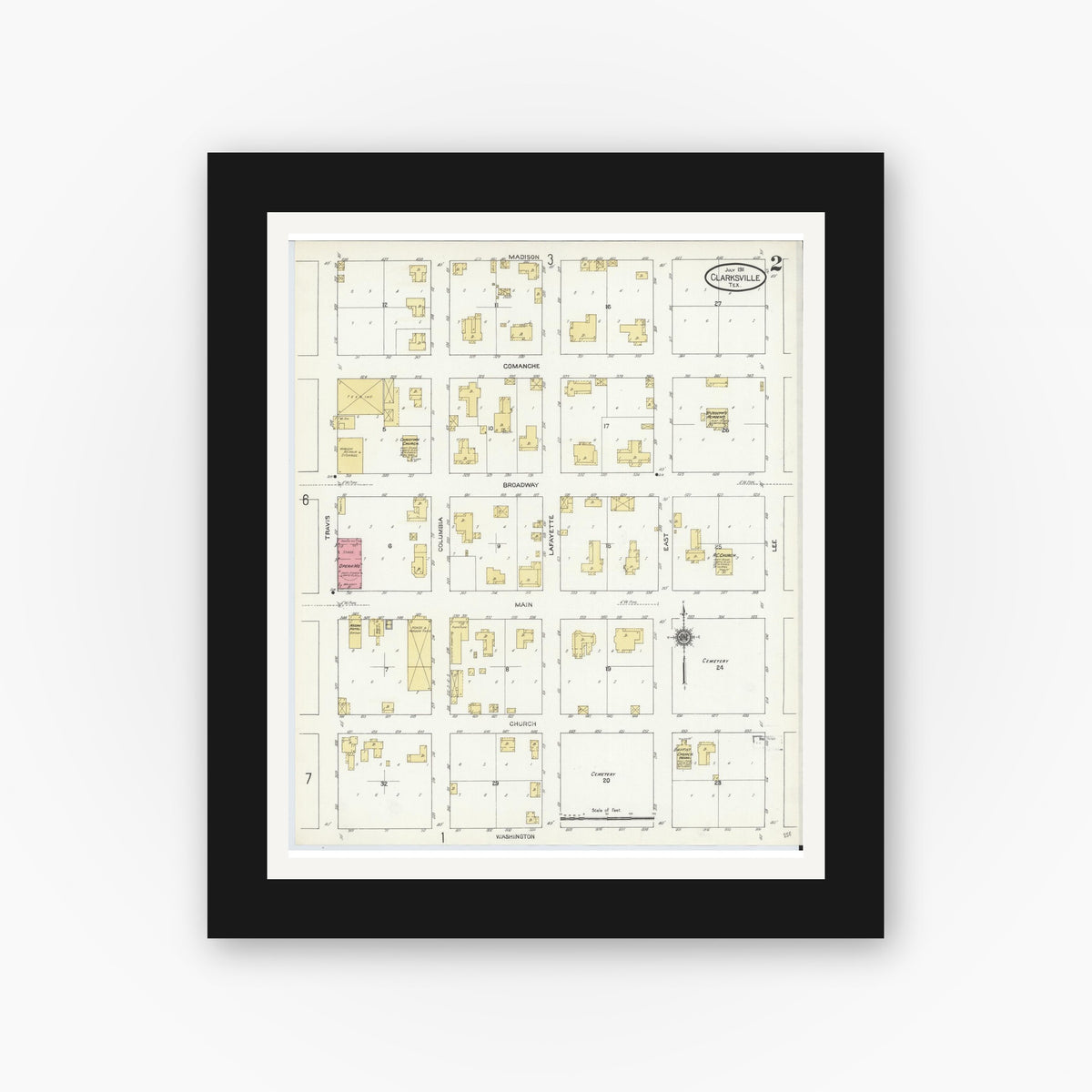 Old map wall art mockup — black gallery frame with white mat — Sanborn Fire Insurance Map from Clarksville, Red River County, Texas (1911), Sheet #0002
