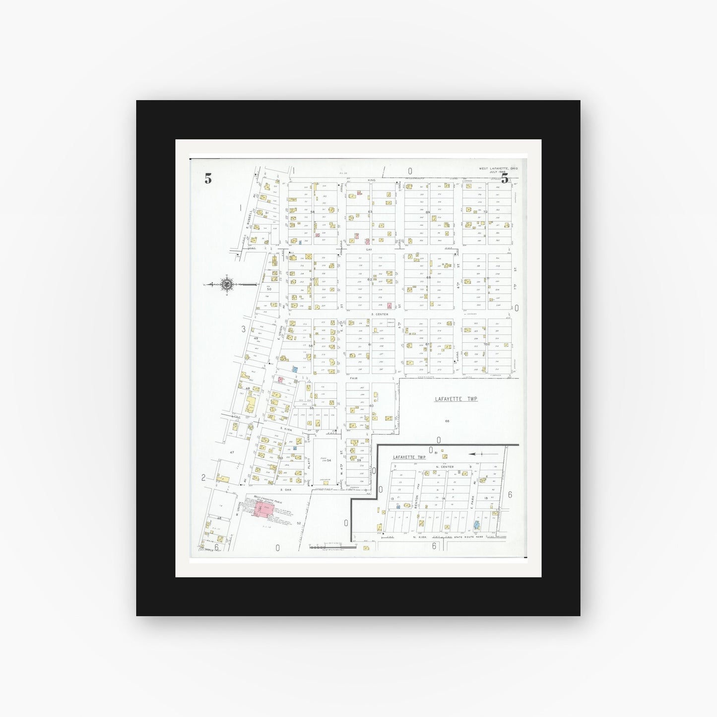 Old map wall art mockup — black gallery frame with white mat — Sanborn Fire Insurance Map from West Lafayette, Coshocton County, Ohio (1946), Sheet #0005