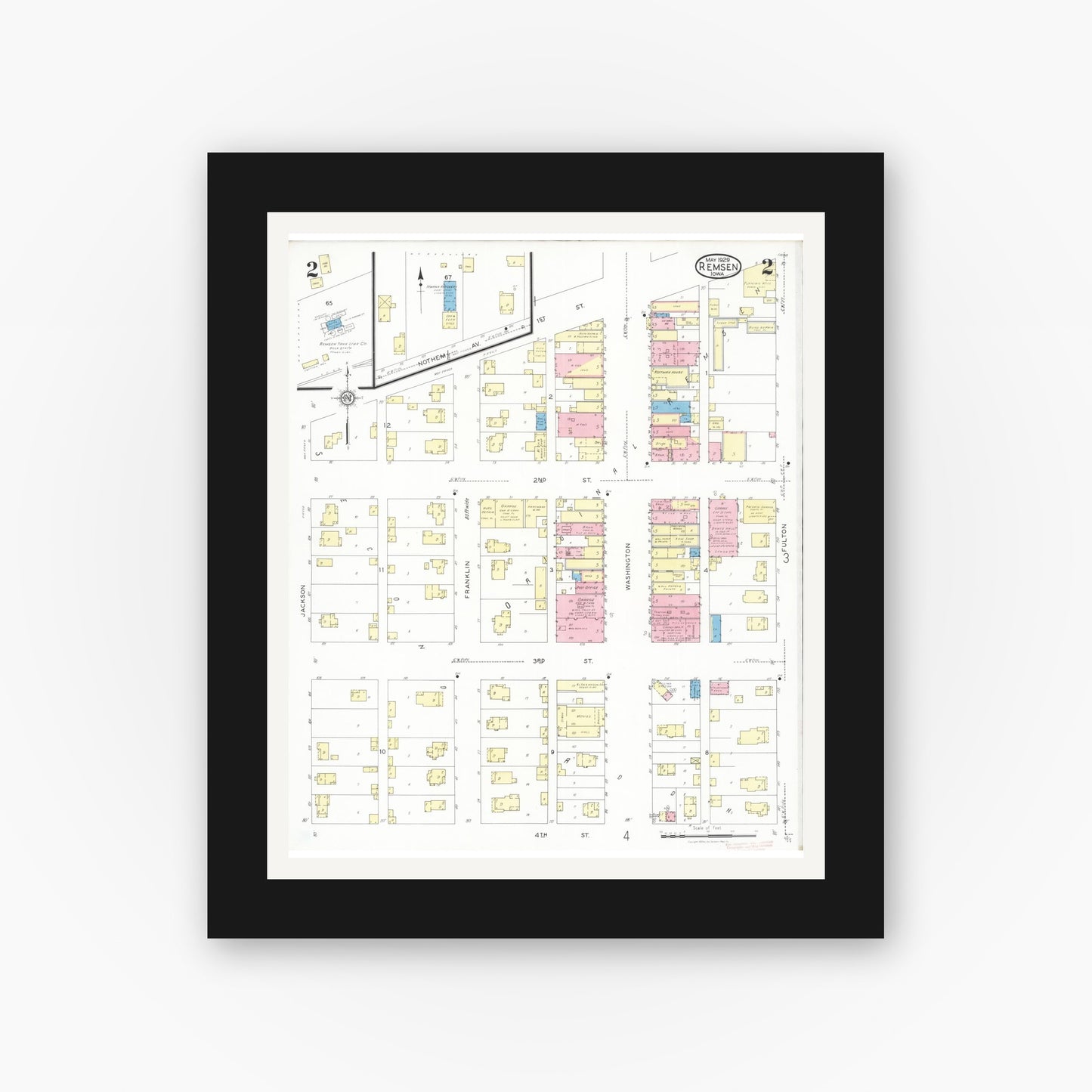 Old map wall art mockup β black gallery frame with white mat β Sanborn Fire Insurance Map from Remsen, Plymouth County, Iowa (1929), Sheet #0002