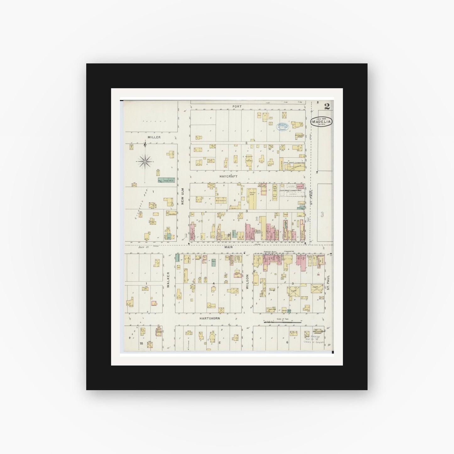 Old map wall art mockup — black gallery frame with white mat — Sanborn Fire Insurance Map from Madelia, Watonwan County, Minnesota (1894), Sheet #0002