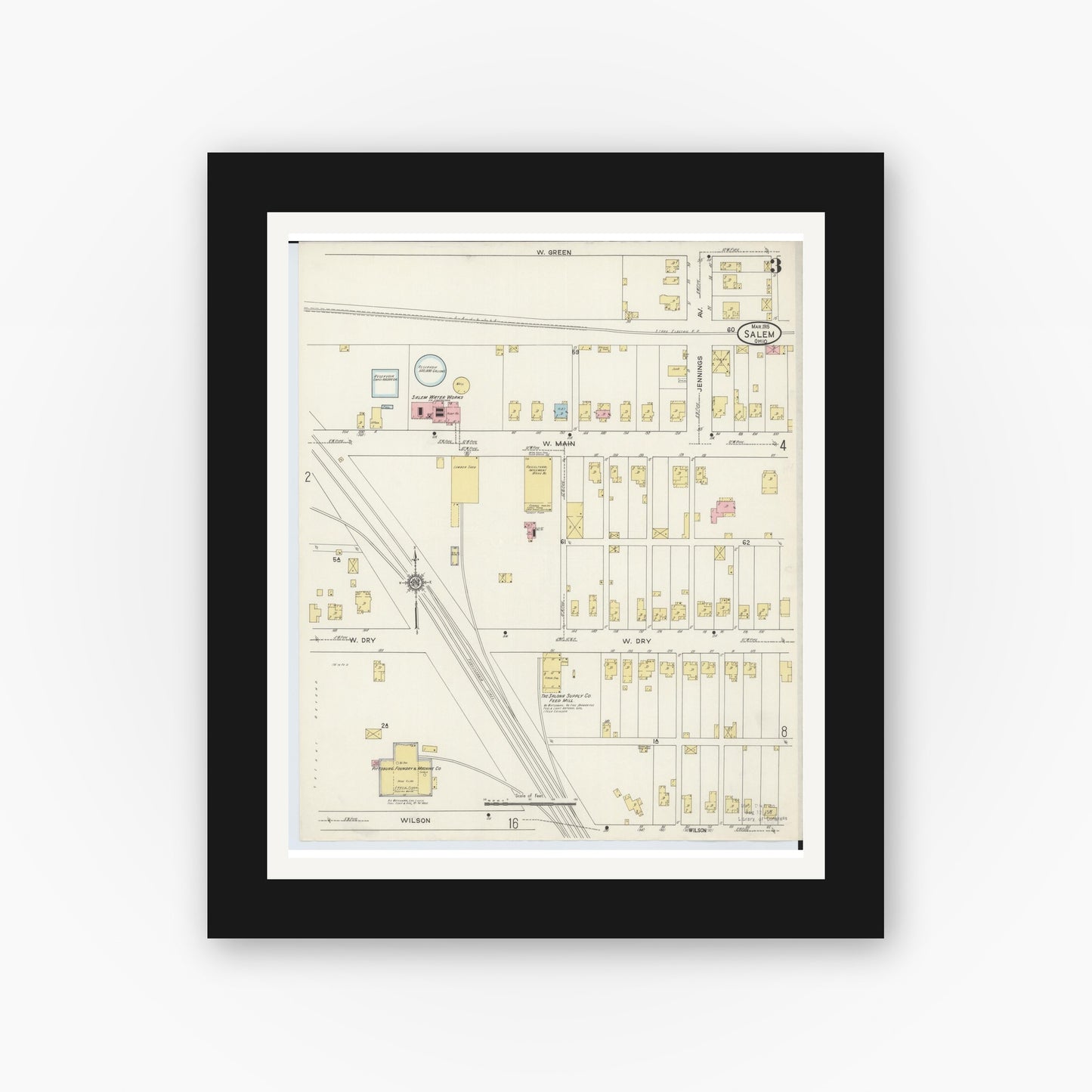 Old map wall art mockup — black gallery frame with white mat — Sanborn Fire Insurance Map from Salem, Columbiana County, Ohio (1915), Sheet #0003