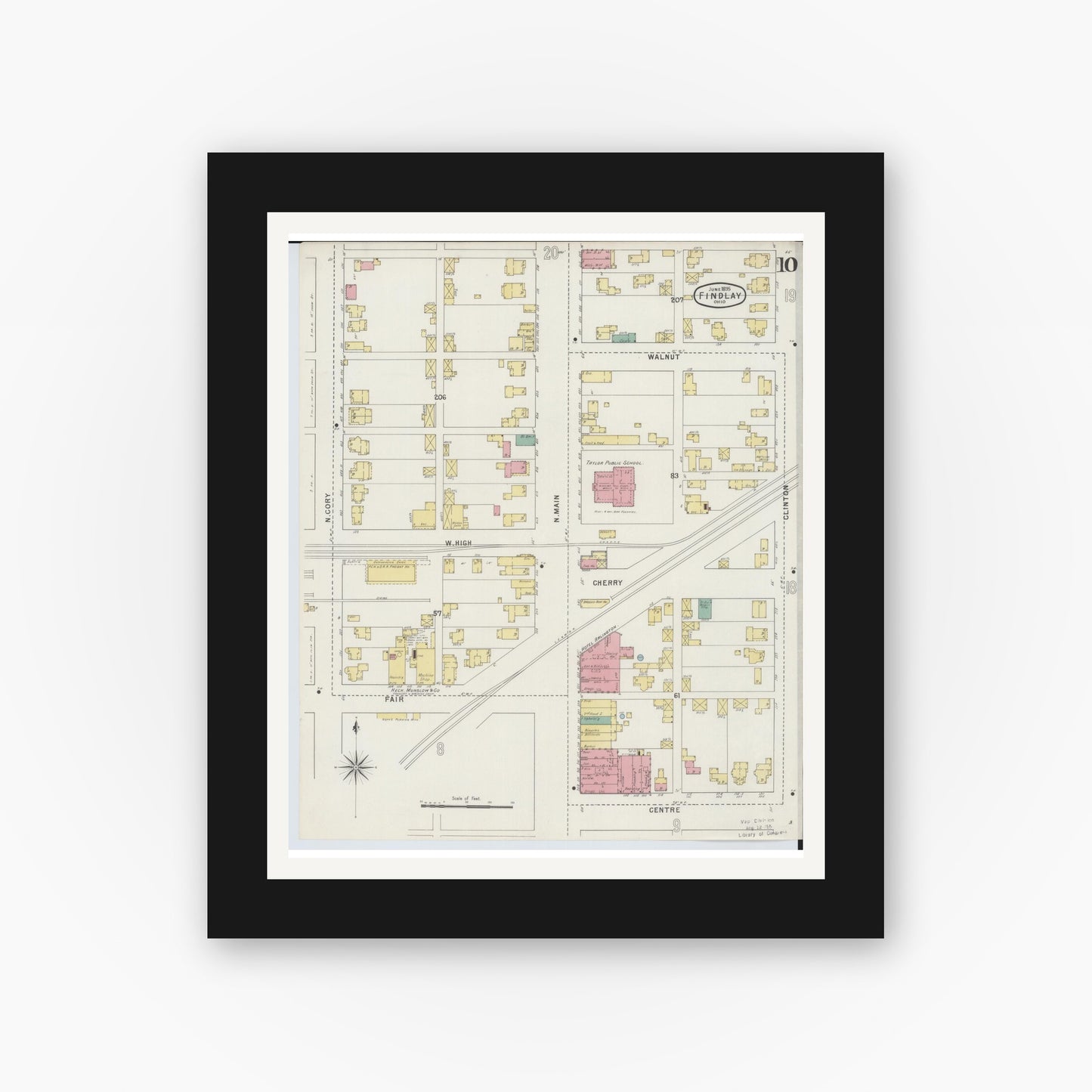 Old map wall art mockup — black gallery frame with white mat — Sanborn Fire Insurance Map from Findlay, Hancock County, Ohio (1895), Sheet #0010