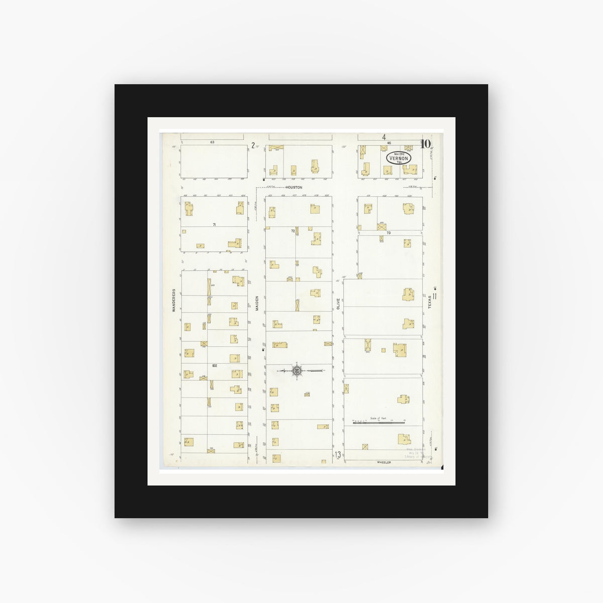 Old map wall art mockup — black gallery frame with white mat — Sanborn Fire Insurance Map from Vernon, Wilbarger County, Texas (1912), Sheet #0010