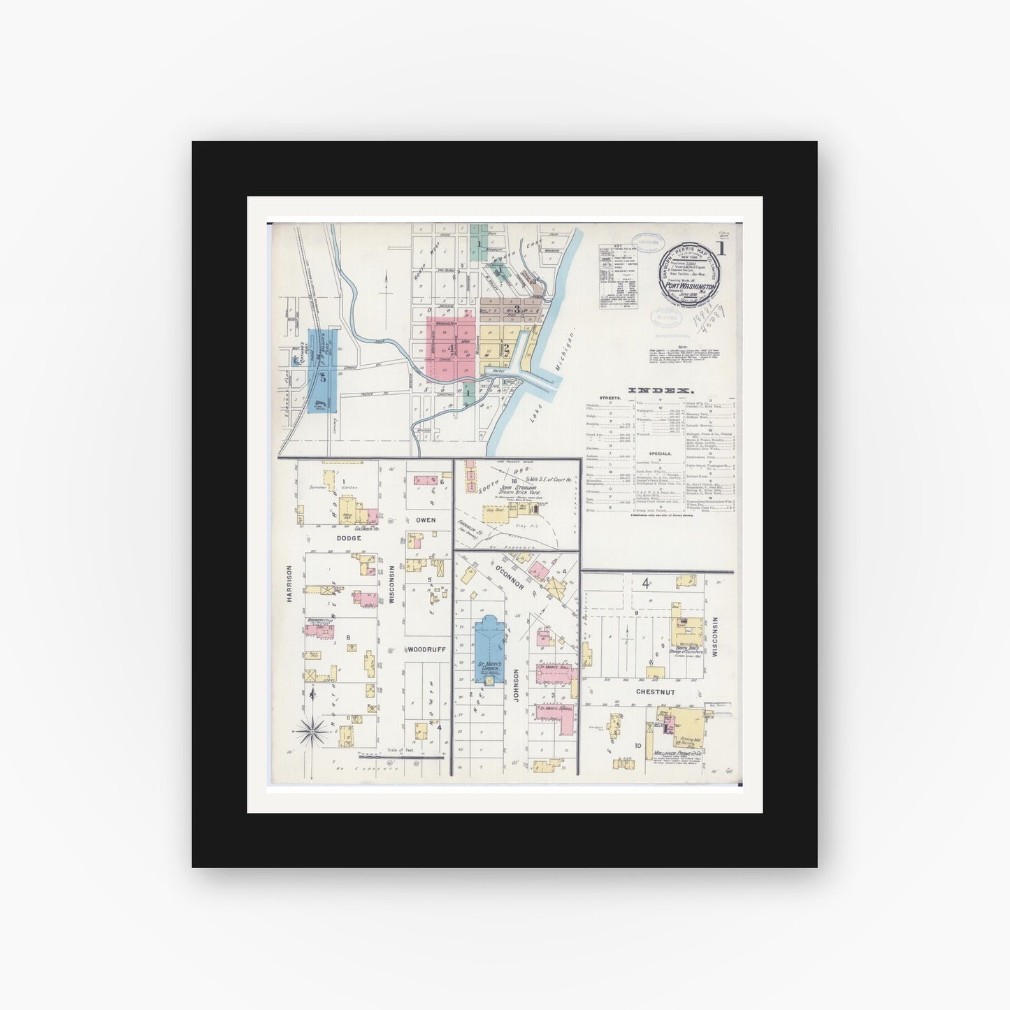 Old map wall art mockup — black gallery frame with white mat — Sanborn Fire Insurance Map from Port Washington, Ozaukee County, Wisconsin (1898) - Complete Map Set