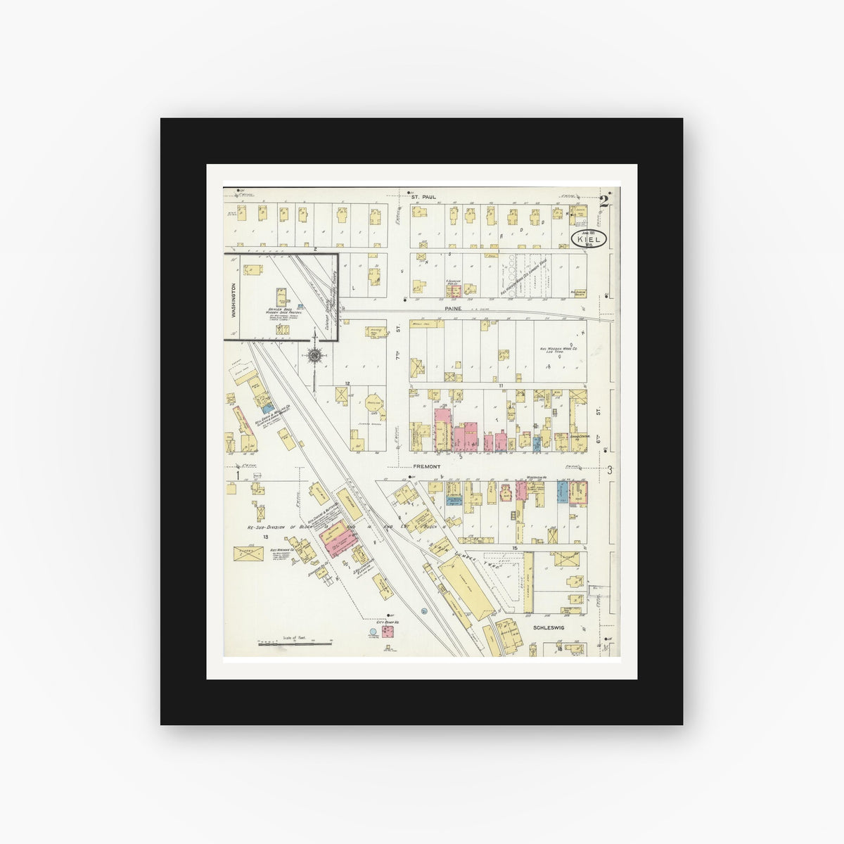 Old map wall art mockup — black gallery frame with white mat — Sanborn Fire Insurance Map from Kiel, Manitowoc and Calumet Counties, Wisconsin (1911), Sheet #0002