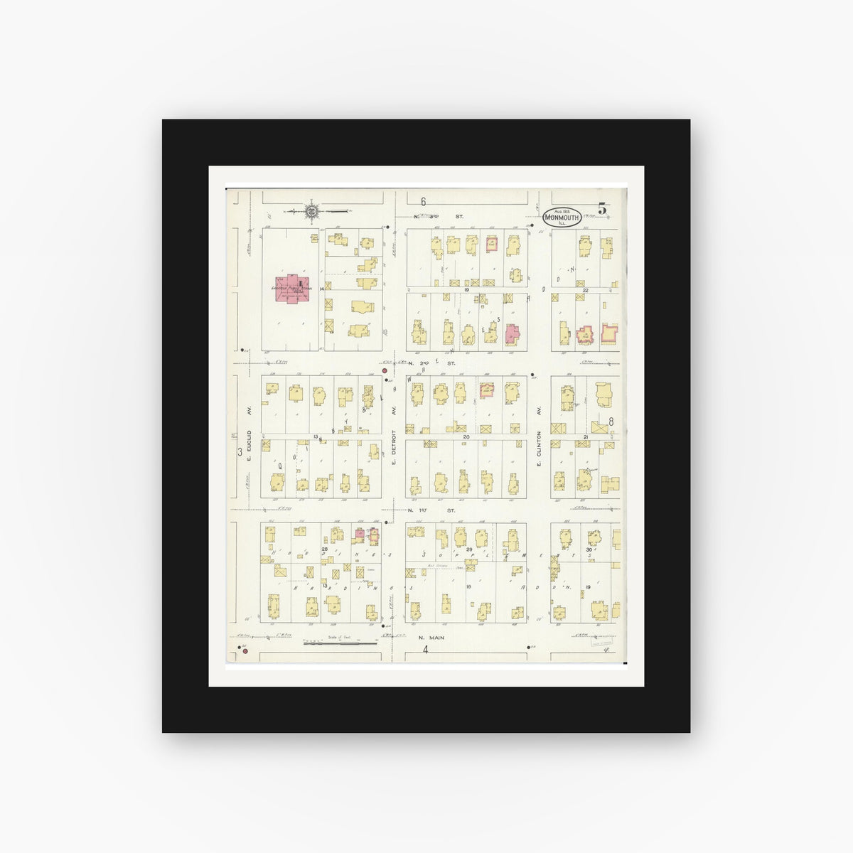 Old map wall art mockup — black gallery frame with white mat — Sanborn Fire Insurance Map from Monmouth, Warren County, Illinois (1913), Sheet #0005