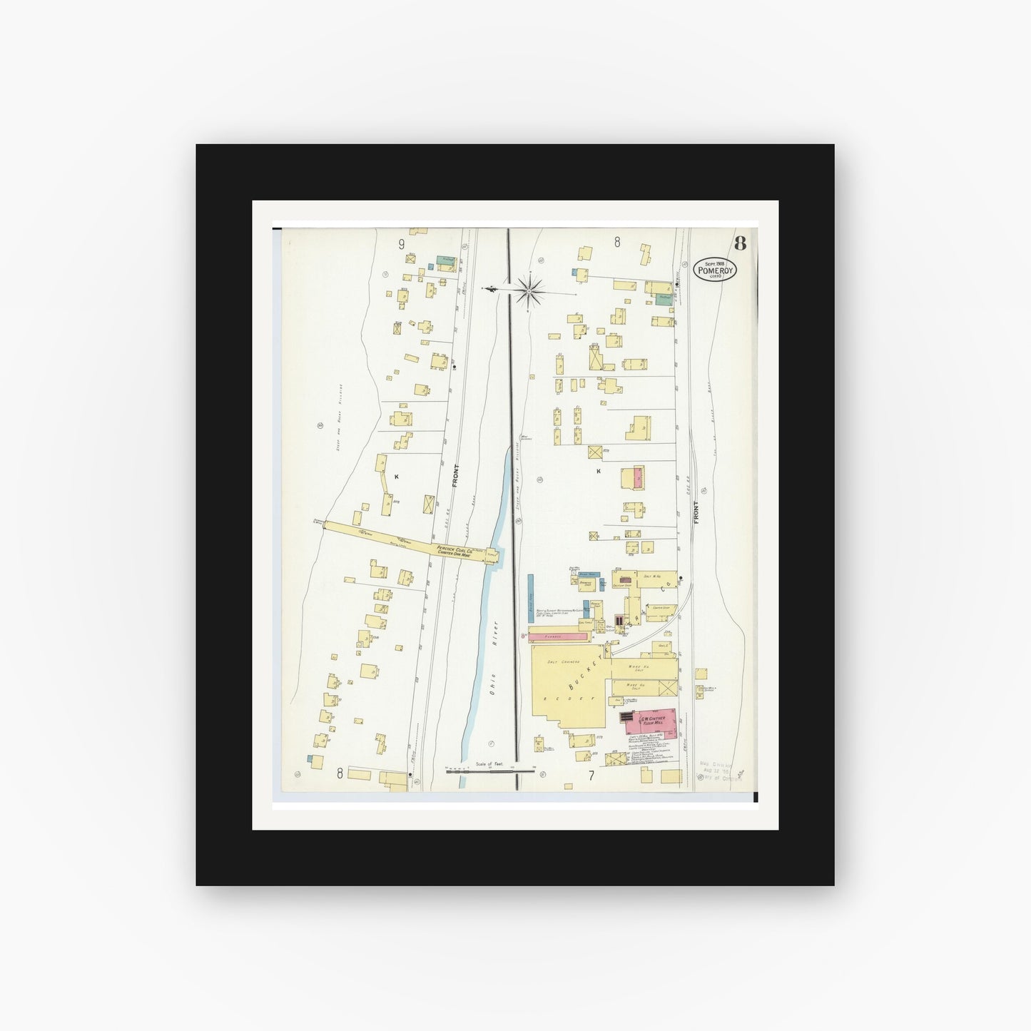 Old map wall art mockup — black gallery frame with white mat — Sanborn Fire Insurance Map from Pomeroy, Meigs County, Ohio (1908), Sheet #0008