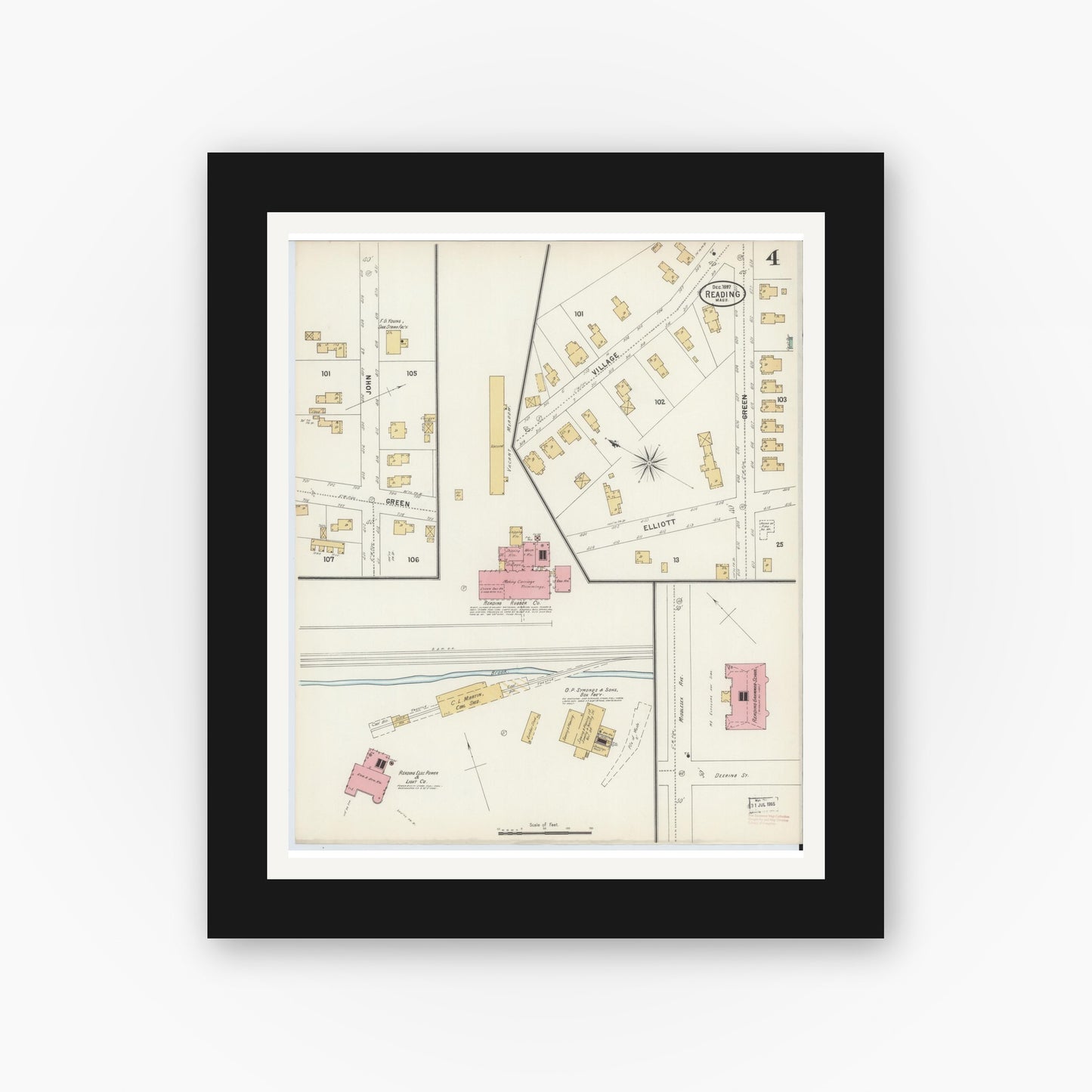 Old map wall art mockup — black gallery frame with white mat — Sanborn Fire Insurance Map from Reading, Middlesex County, Massachusetts (1897), Sheet #0004