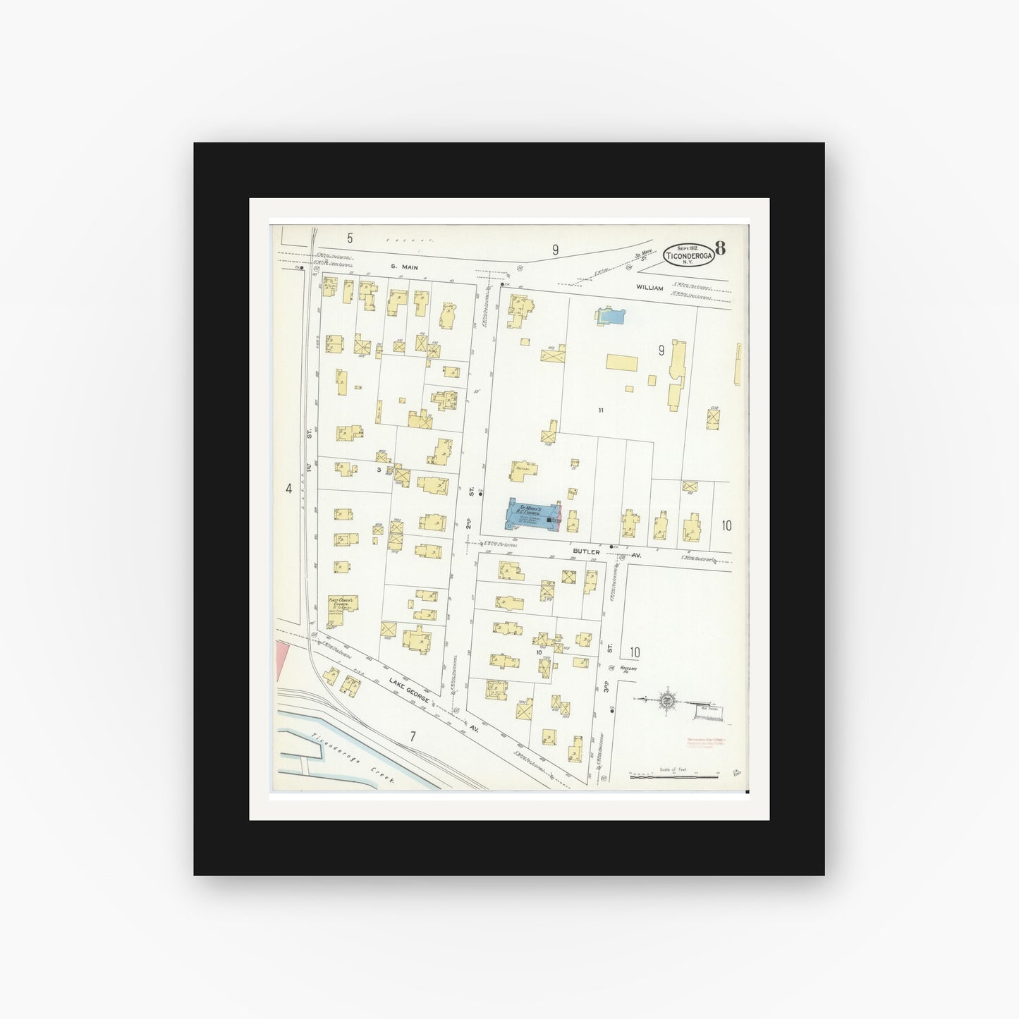 Old map wall art mockup — black gallery frame with white mat — Sanborn Fire Insurance Map from Ticonderoga, Essex County, New York (1912), Sheet #0008