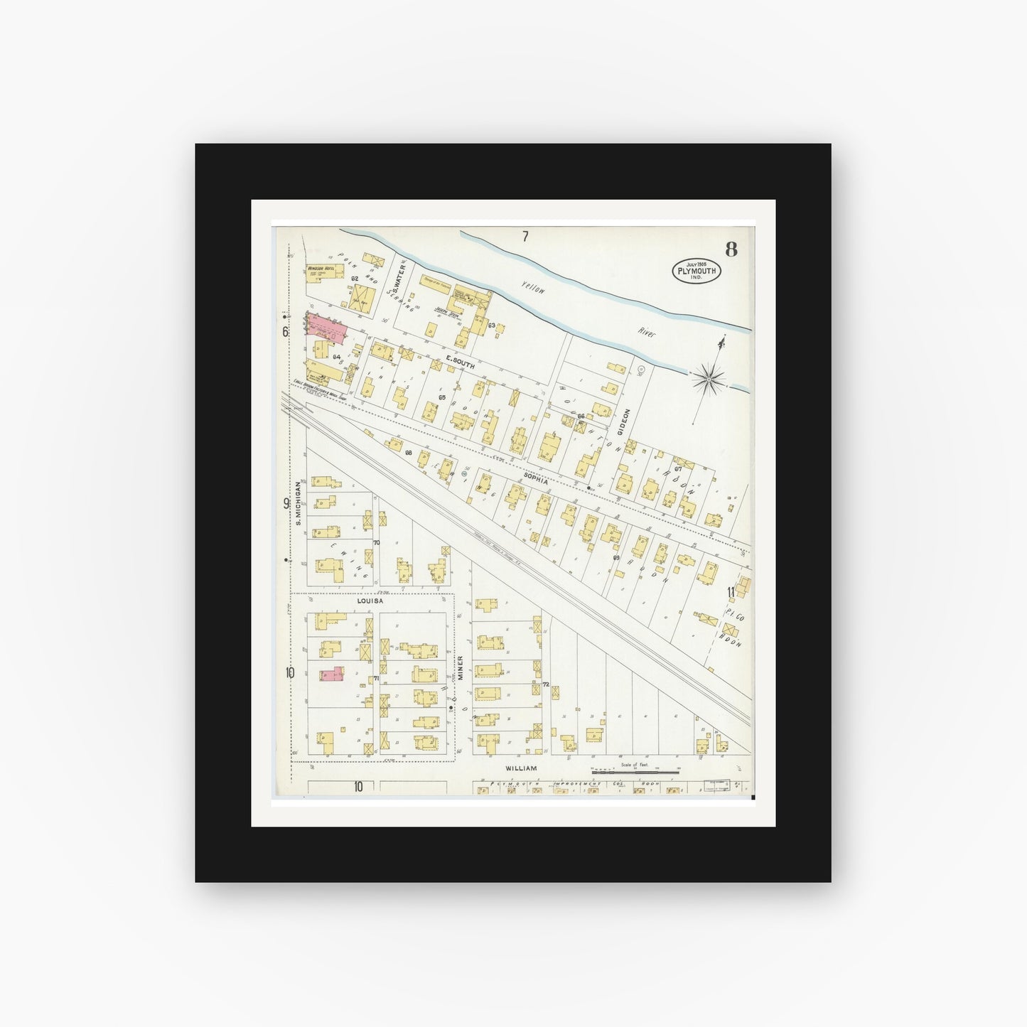 Old map wall art mockup — black gallery frame with white mat — Sanborn Fire Insurance Map from Plymouth, Marhshall County, Indiana (1905), Sheet #0008