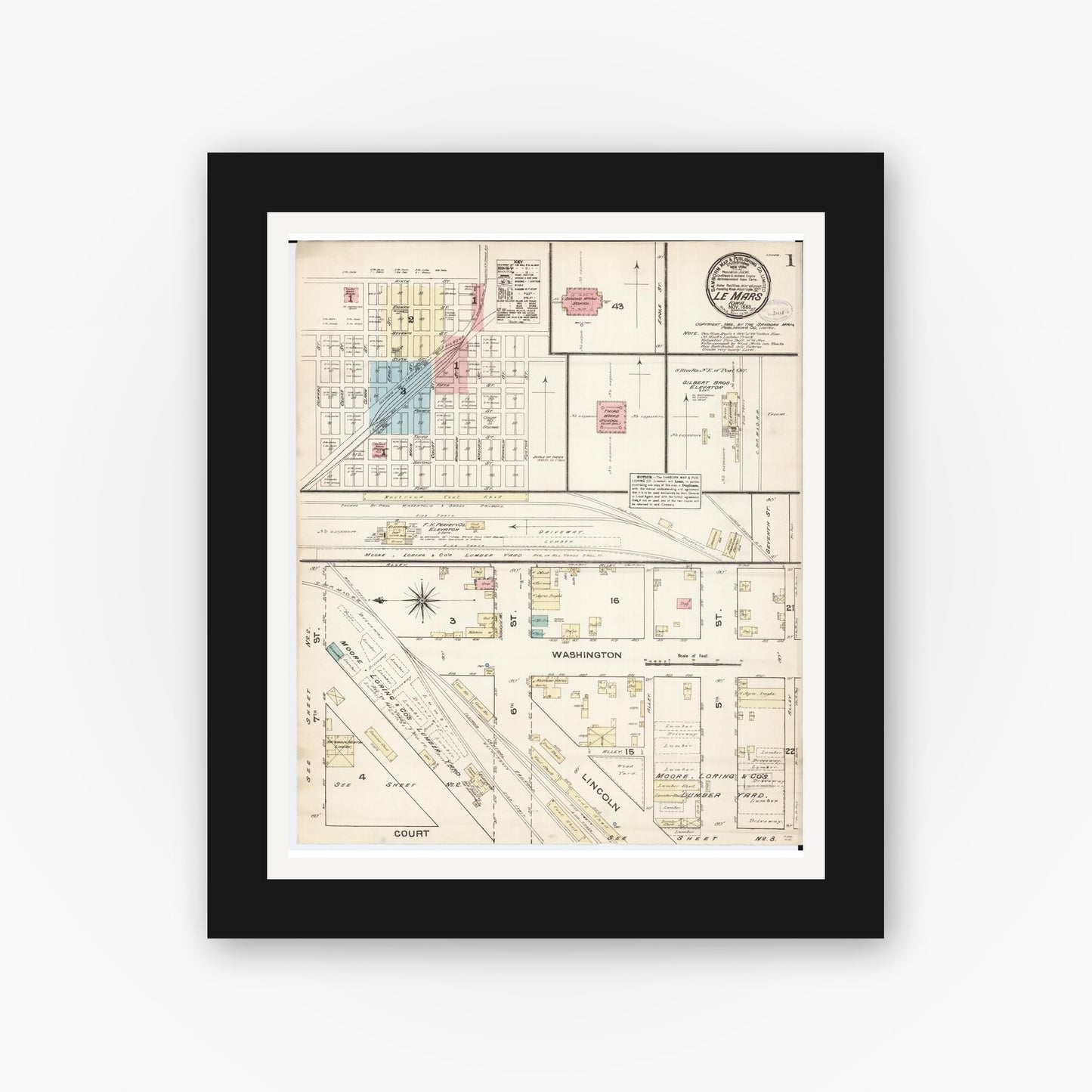 Old map wall art mockup β black gallery frame with white mat β Sanborn Fire Insurance Map from Le Mars, Plymouth County, Iowa (1883), Sheet #0001