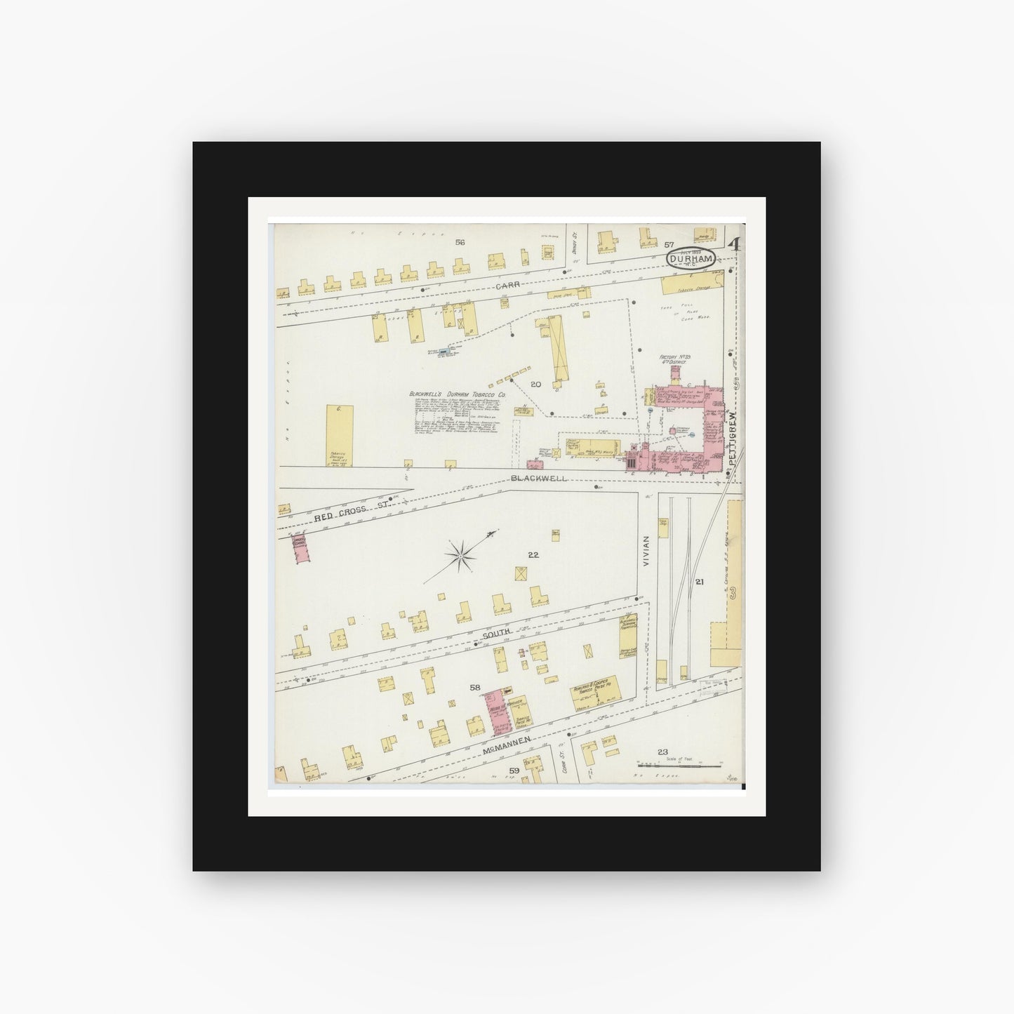 Old map wall art mockup — black gallery frame with white mat — Sanborn Fire Insurance Map from Durham, Durham County, North Carolina (1893), Sheet #0004