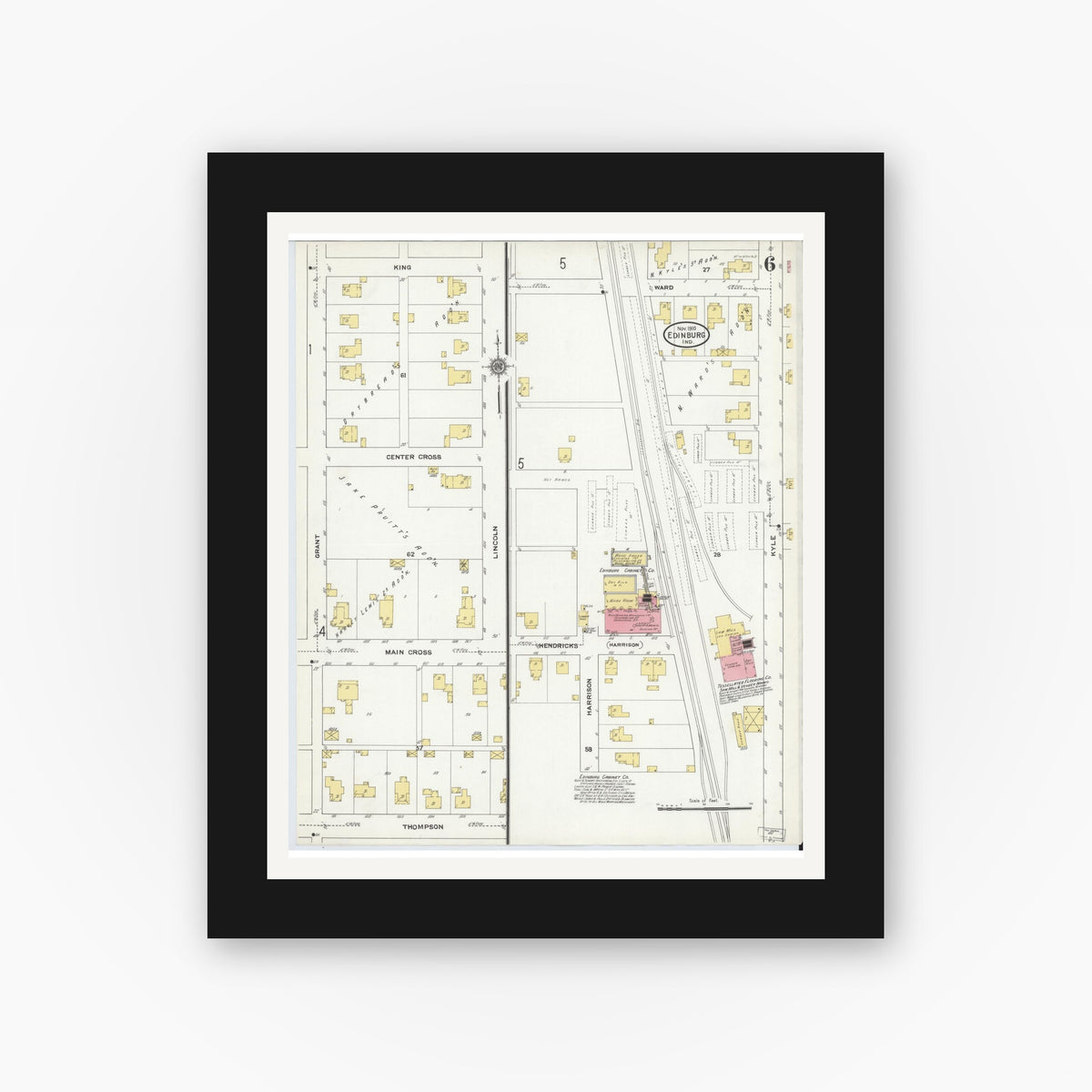 Old map wall art mockup — black gallery frame with white mat — Sanborn Fire Insurance Map from Edinburg, Johnson And Bartholomew Counties, Indiana (1910), Sheet #0006