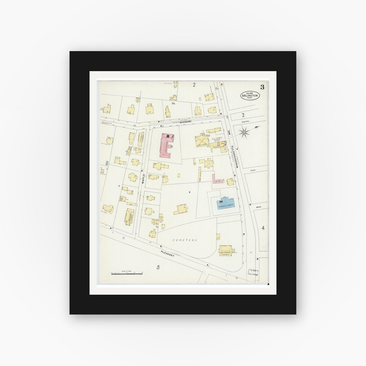 Old map wall art mockup — black gallery frame with white mat — Sanborn Fire Insurance Map from Arlington, Middlesex County, Massachusetts (1897), Sheet #0003