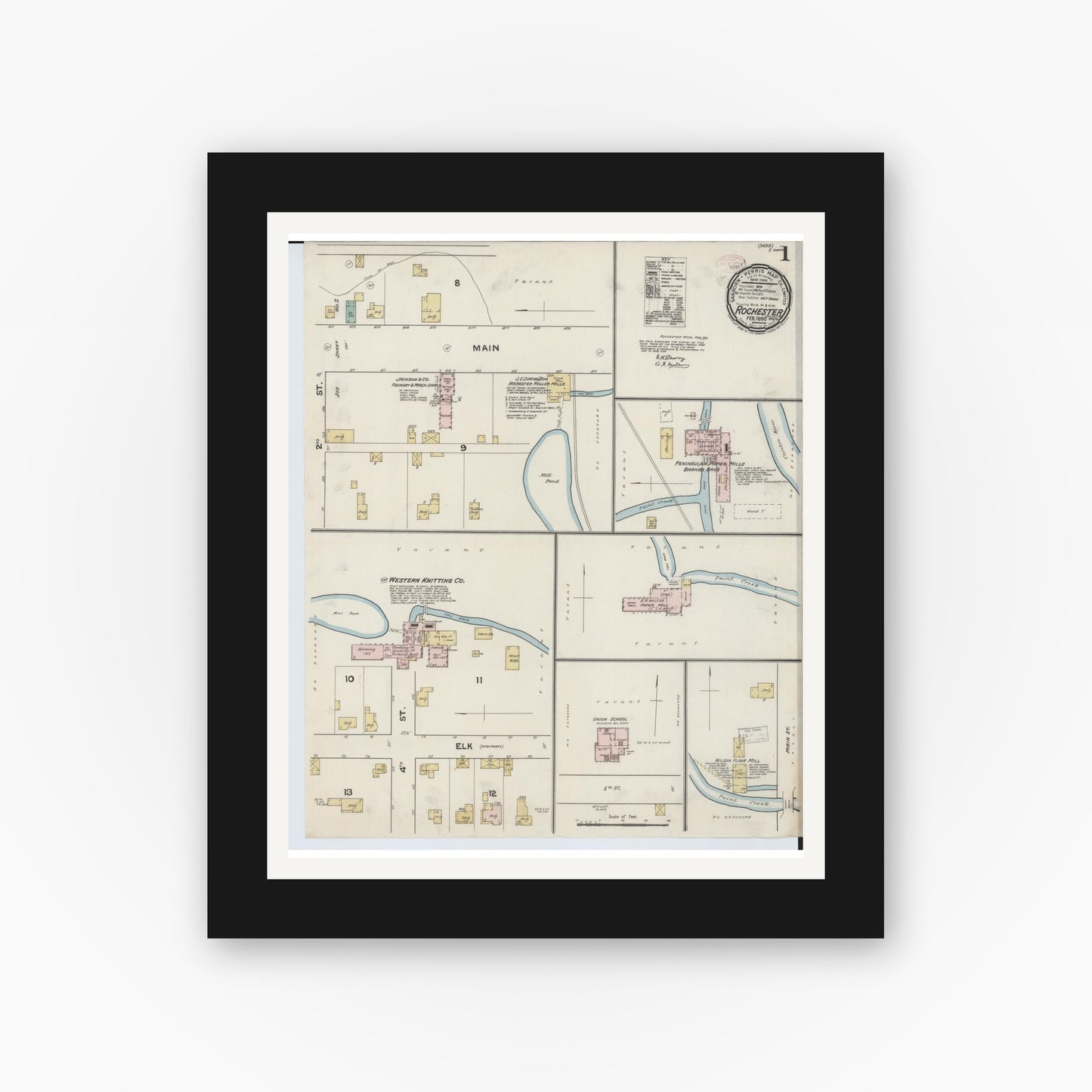 Old map wall art mockup — black gallery frame with white mat — Sanborn Fire Insurance Map from Rochester, Oakland County, Michigan (1890) - Complete Map Set