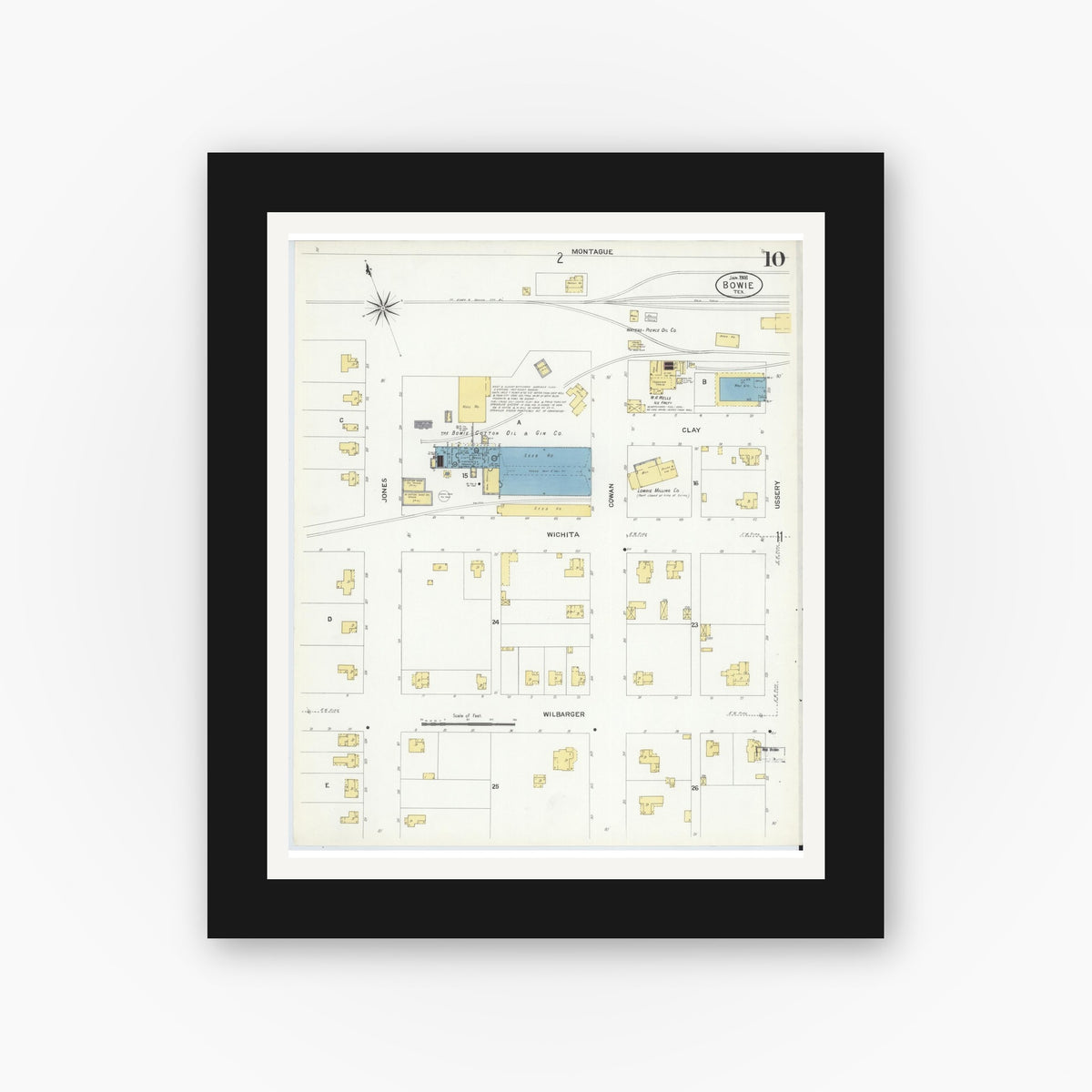 Old map wall art mockup — black gallery frame with white mat — Sanborn Fire Insurance Map from Bowie, Montague County, Texas (1908), Sheet #0010