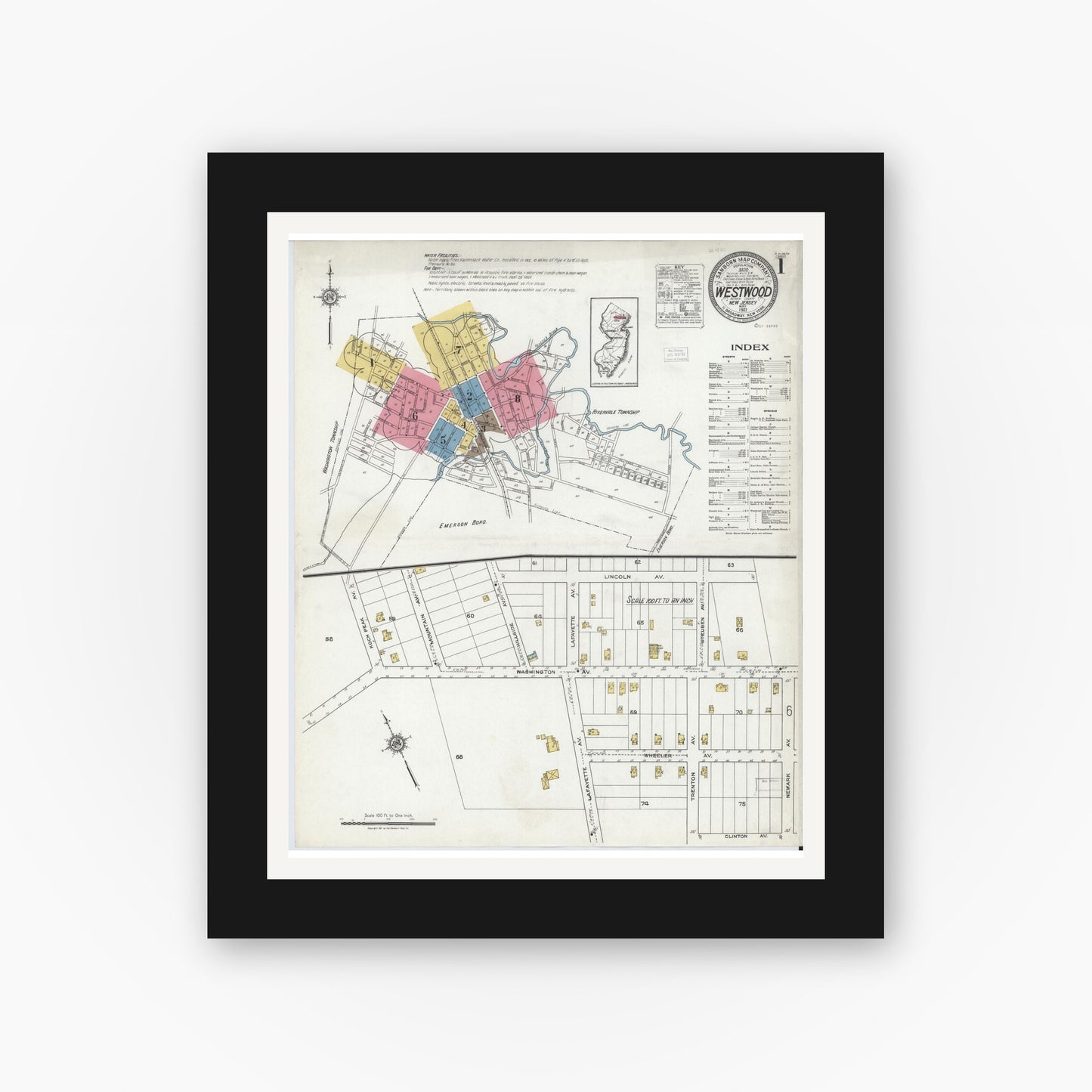 Old map wall art mockup — black gallery frame with white mat — Sanborn Fire Insurance Map from Westwood, Bergen County, New Jersey (1921), Sheet #0001