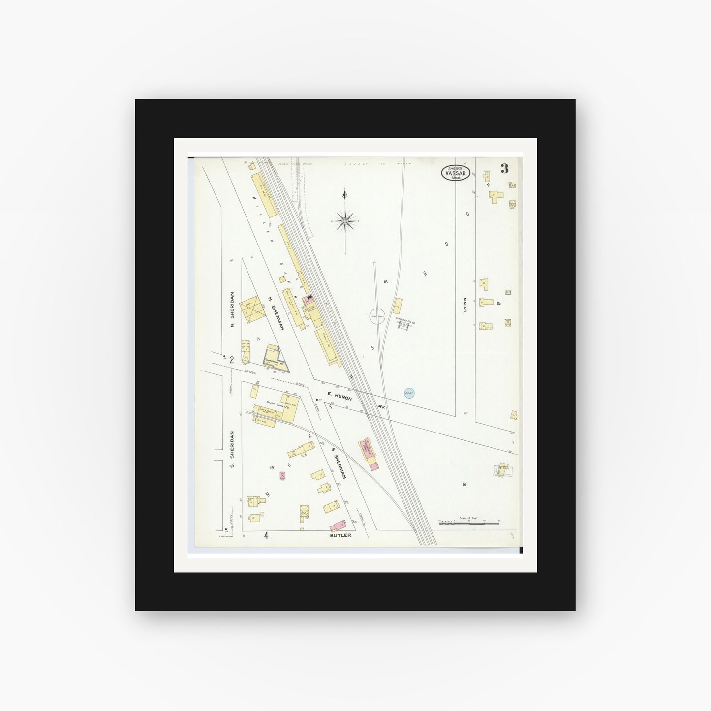 Old map wall art mockup — black gallery frame with white mat — Sanborn Fire Insurance Map from Vassar, Tuscola County, Michigan (1909), Sheet #0003