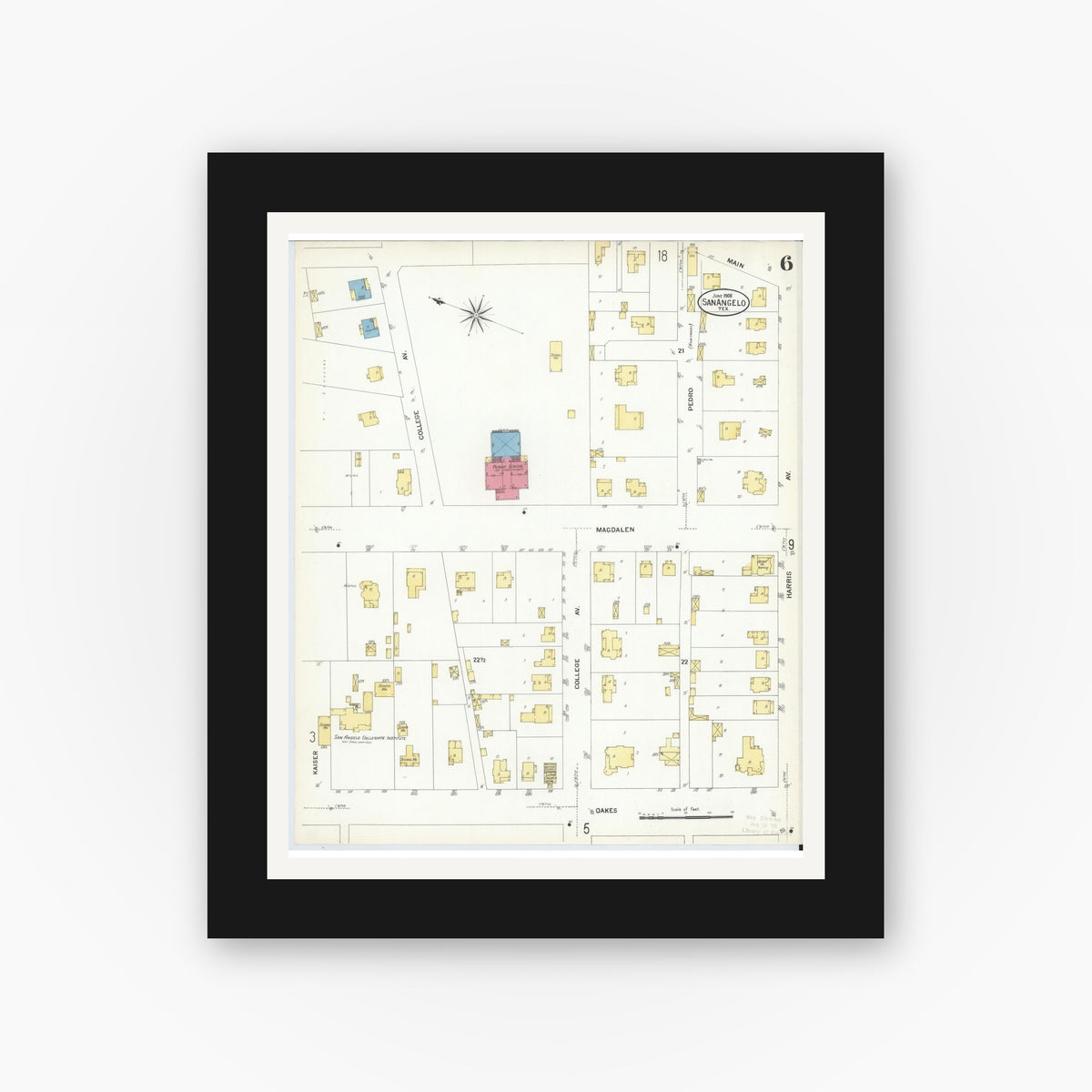 Old map wall art mockup — black gallery frame with white mat — Sanborn Fire Insurance Map from San Angelo, Tom Green County, Texas (1908), Sheet #0006