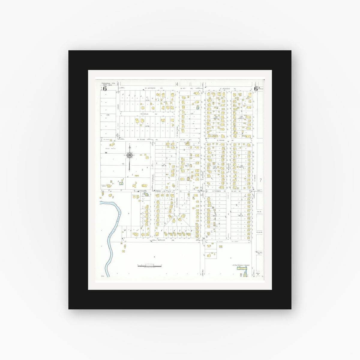 Old map wall art mockup — black gallery frame with white mat — Sanborn Fire Insurance Map from Pasadena, Harris County, Texas (1943), Sheet #0006