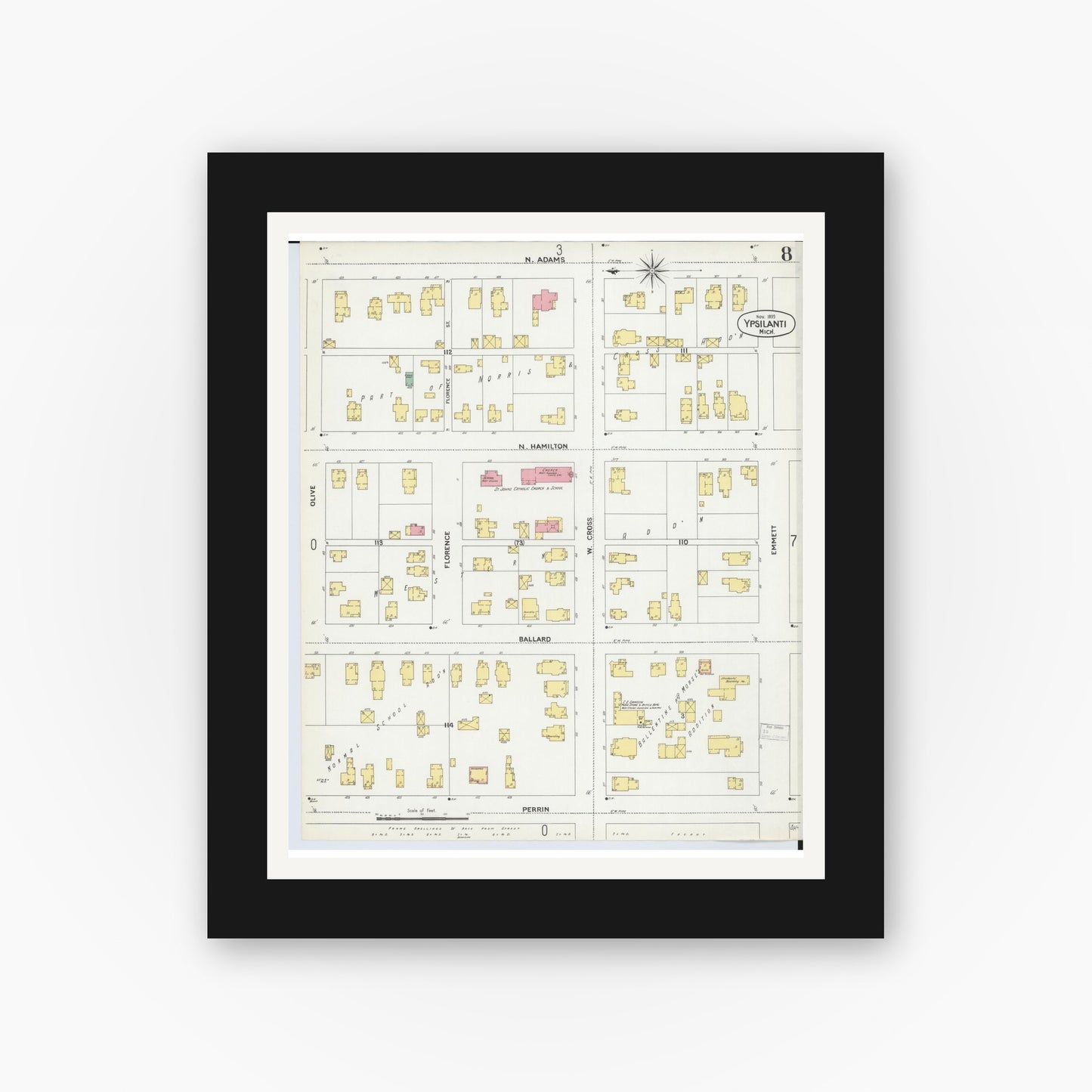 Old map wall art mockup — black gallery frame with white mat — Sanborn Fire Insurance Map from Ypsilanti, Washtenaw County, Michigan (1899), Sheet #0008