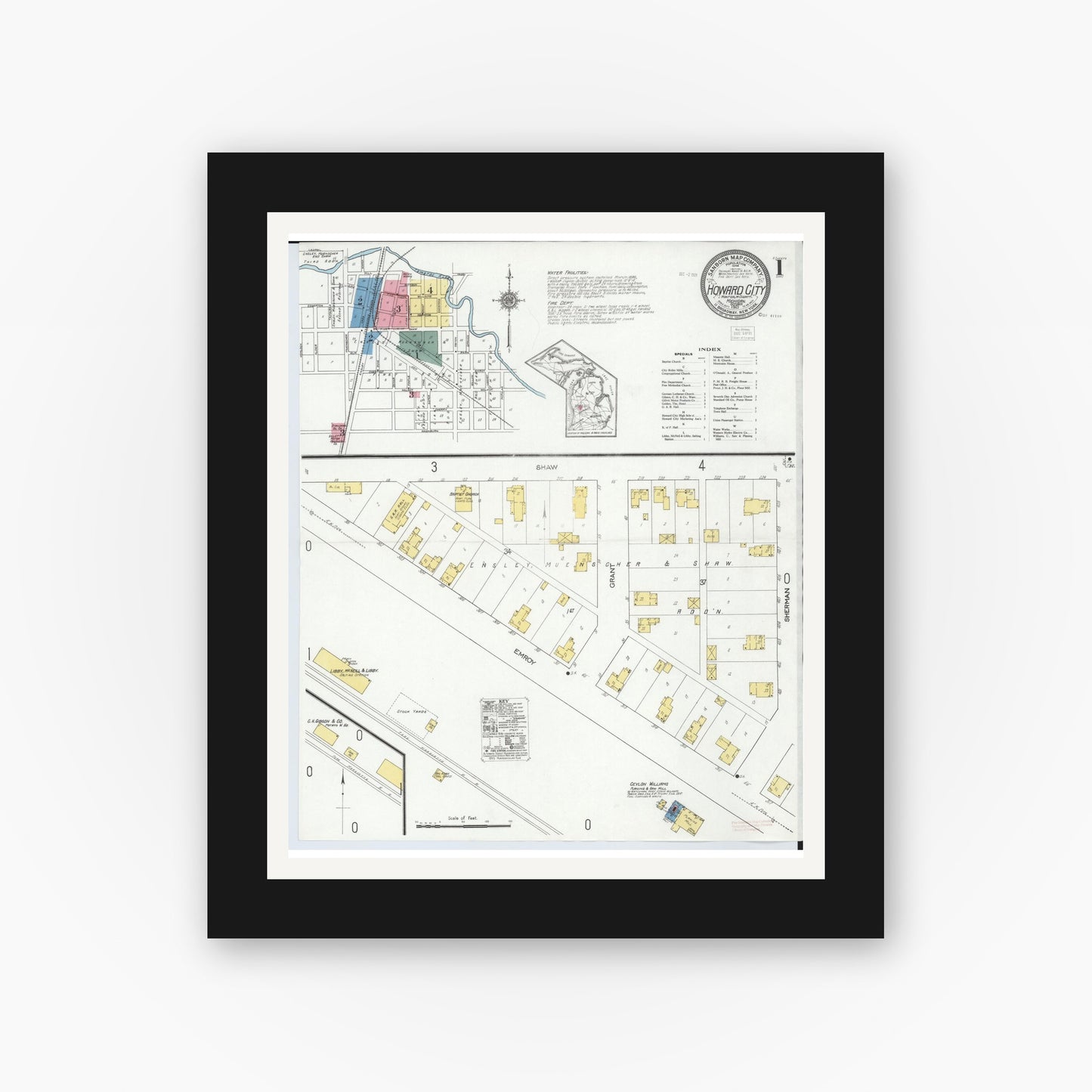 Old map wall art mockup — black gallery frame with white mat — Sanborn Fire Insurance Map from Howard City, Montcalm County, Michigan (1921) - Complete Map Set