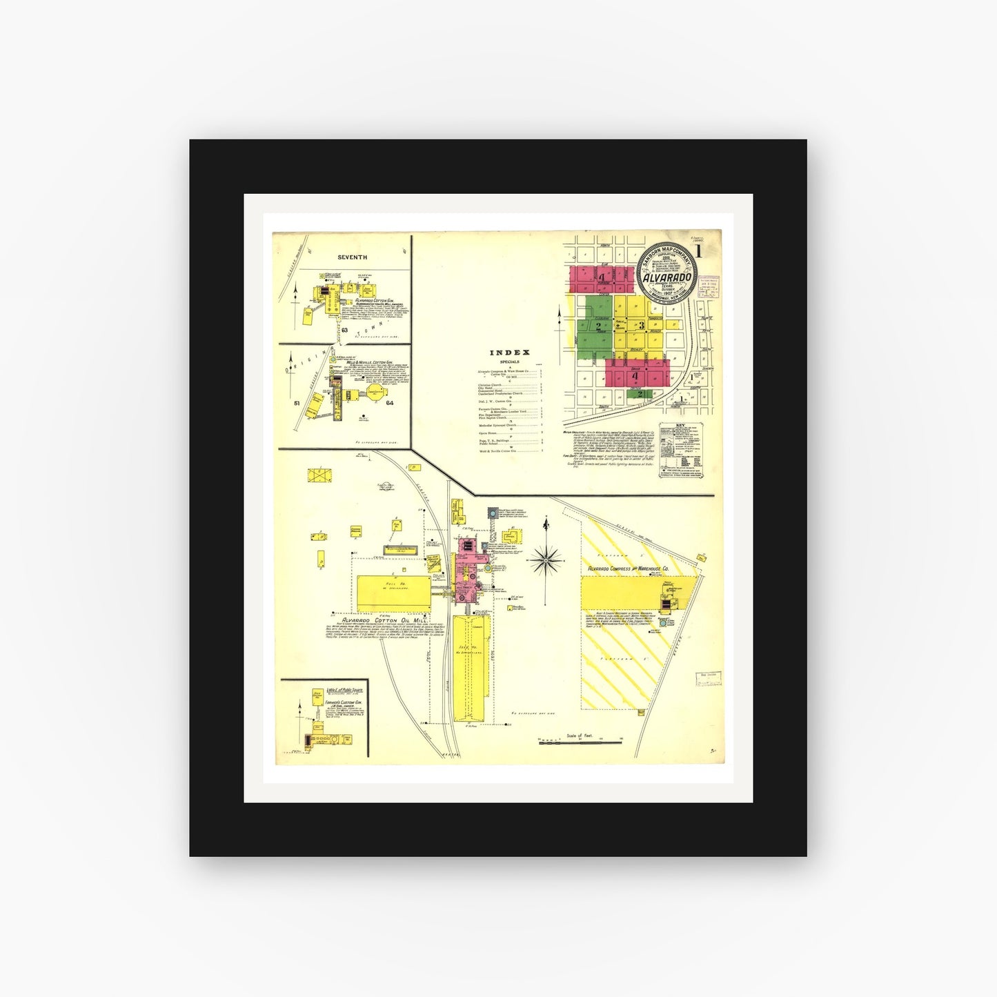 Old map wall art mockup — black gallery frame with white mat — Sanborn Fire Insurance Map from Alvarado, Johnson County, Texas (1907), Sheet #0001