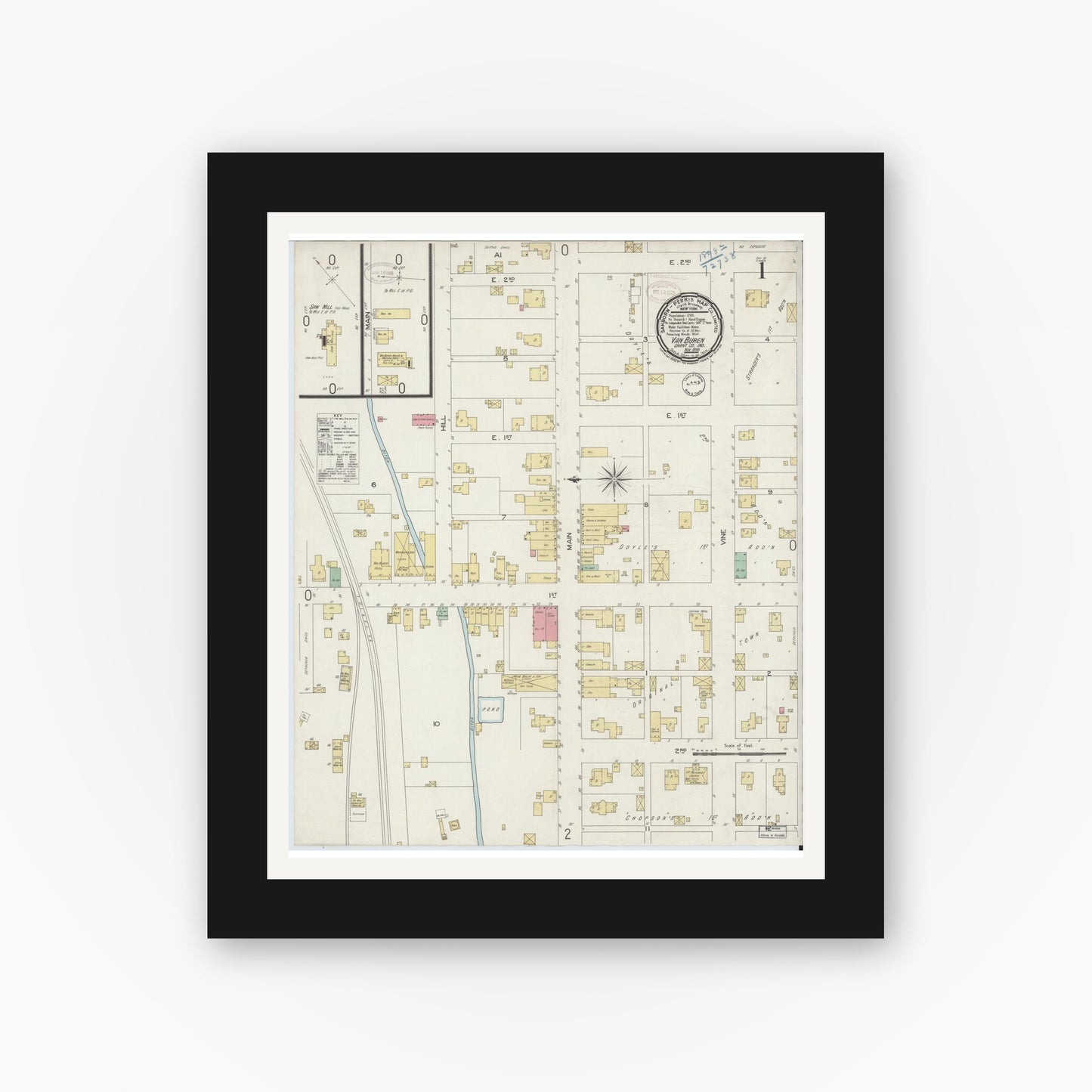 Old map wall art mockup — black gallery frame with white mat — Sanborn Fire Insurance Map from Van Buren, Grant County, Indiana (1898) - Complete Map Set
