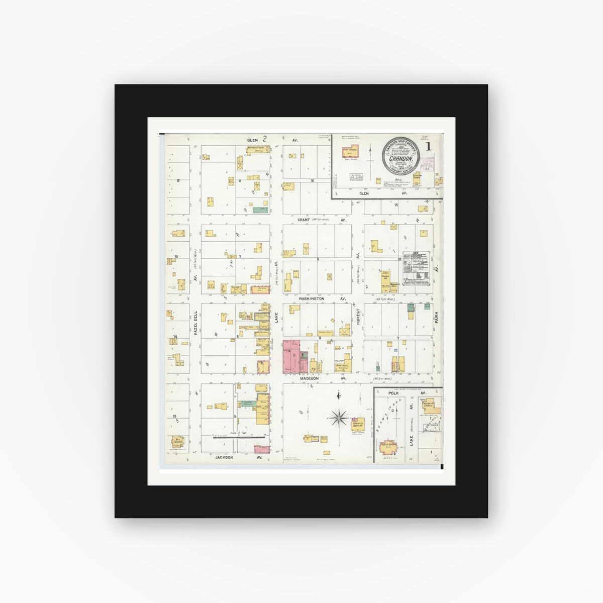 Old map wall art mockup — black gallery frame with white mat — Sanborn Fire Insurance Map from Crandon, Forest County, Wisconsin (1904) - Complete Map Set
