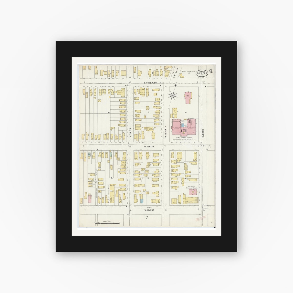 Old map wall art mockup — black gallery frame with white mat — Sanborn Fire Insurance Map from Oswego, Oswego County, New York (1897), Sheet #0004