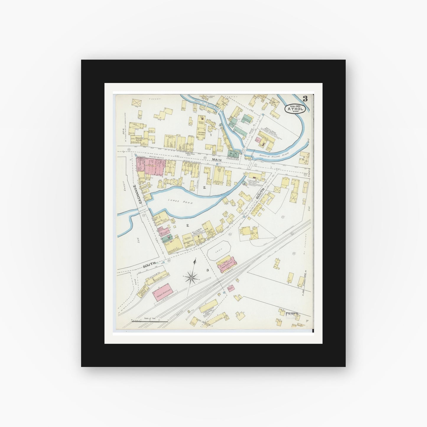 Old map wall art mockup — black gallery frame with white mat — Sanborn Fire Insurance Map from Athol, Worcester County, Massachusetts (1892), Sheet #0003