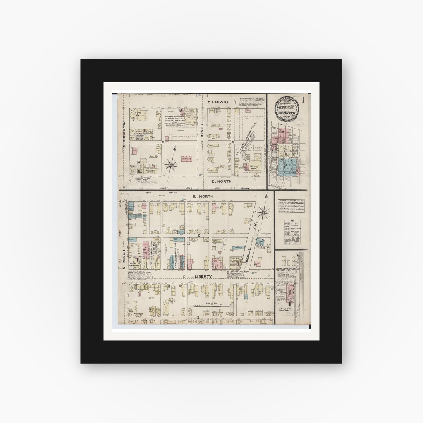 Old map wall art mockup — black gallery frame with white mat — Sanborn Fire Insurance Map from Wooster, Wayne County, Ohio (1884), Sheet #0001