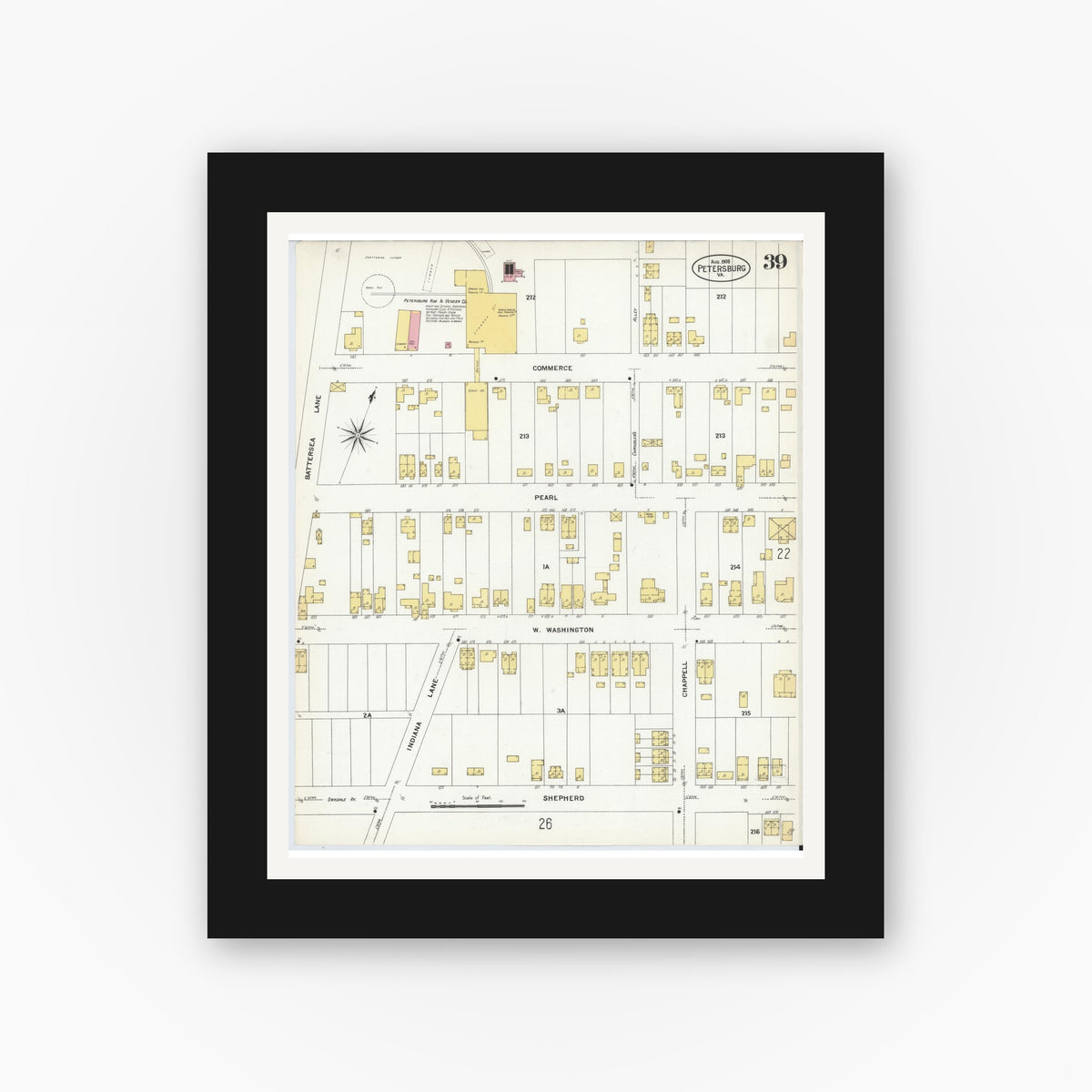 Old map wall art mockup — black gallery frame with white mat — Sanborn Fire Insurance Map from Petersburg, Independent Cities, Virginia (1908), Sheet #0039